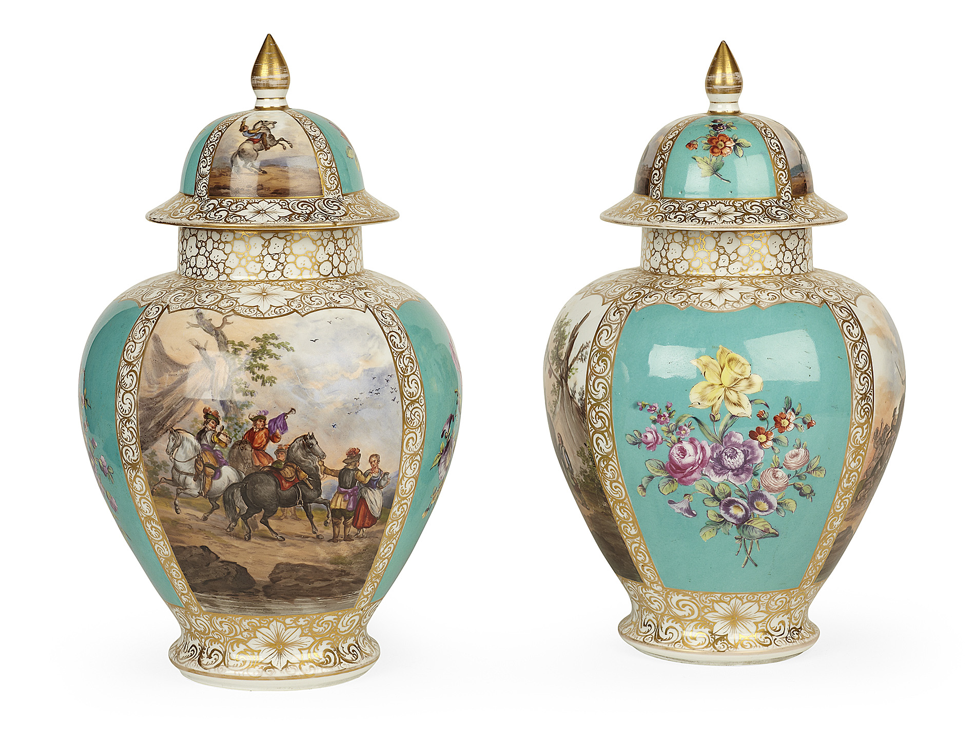 PAIR OF DRESDEN PORCELAIN VASES AND COVERS