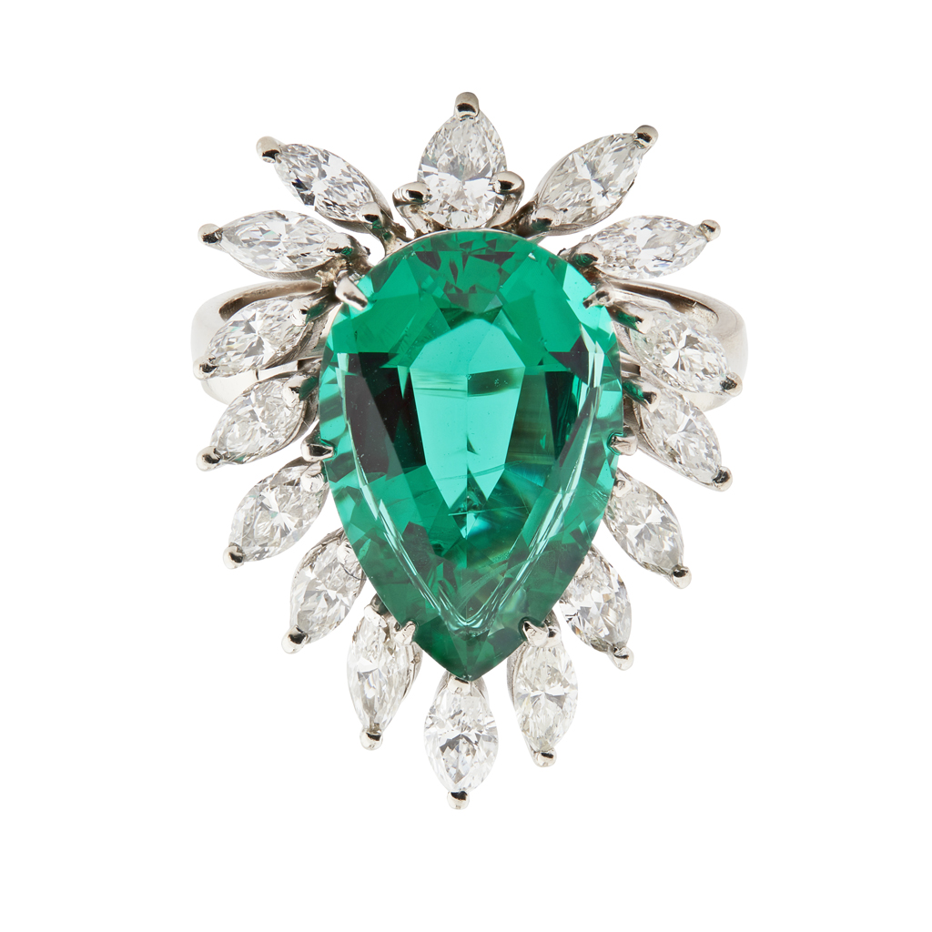 A synthetic emerald and diamond set cocktail ring