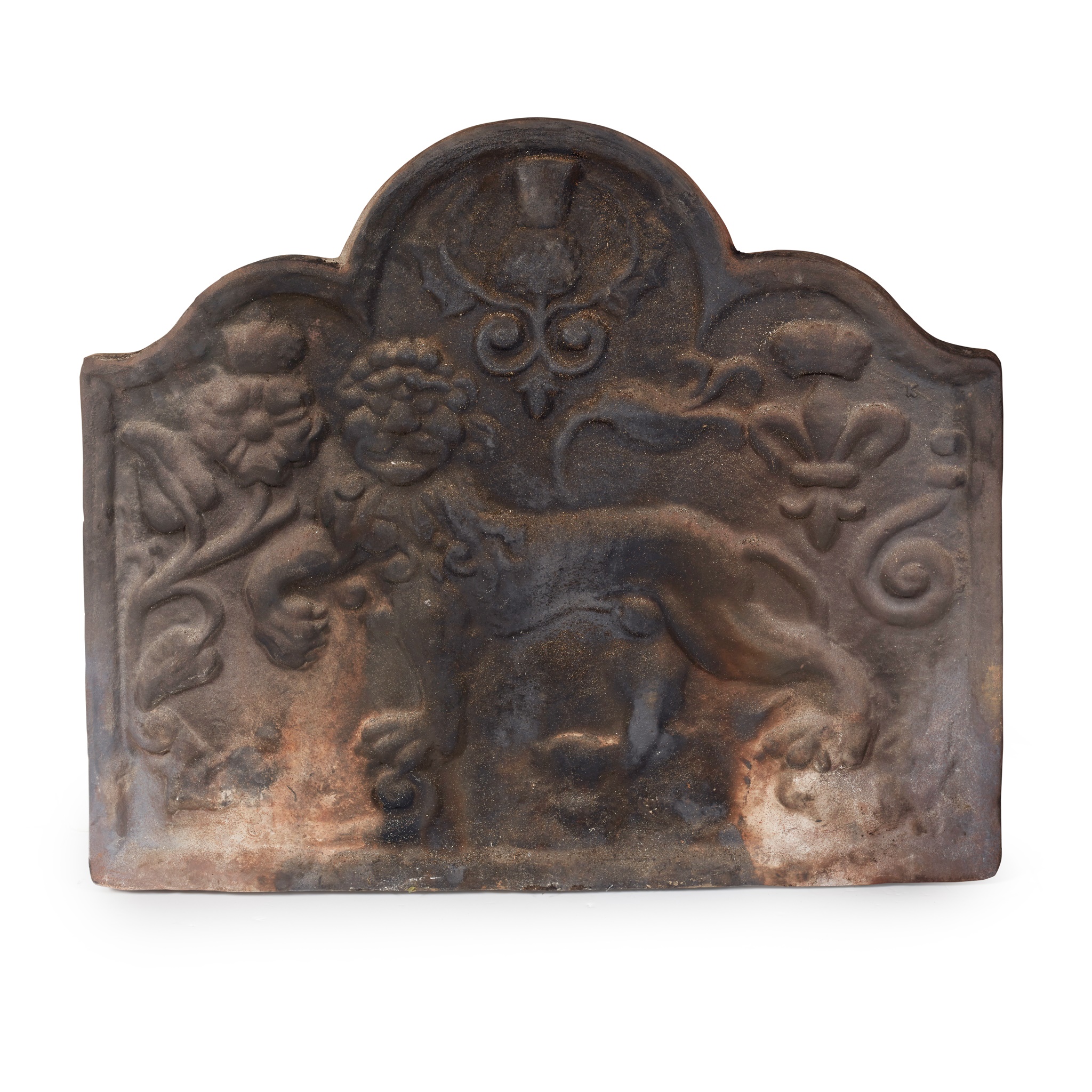 CAST IRON FIRE BACK, GRATE AND ANDIRONS