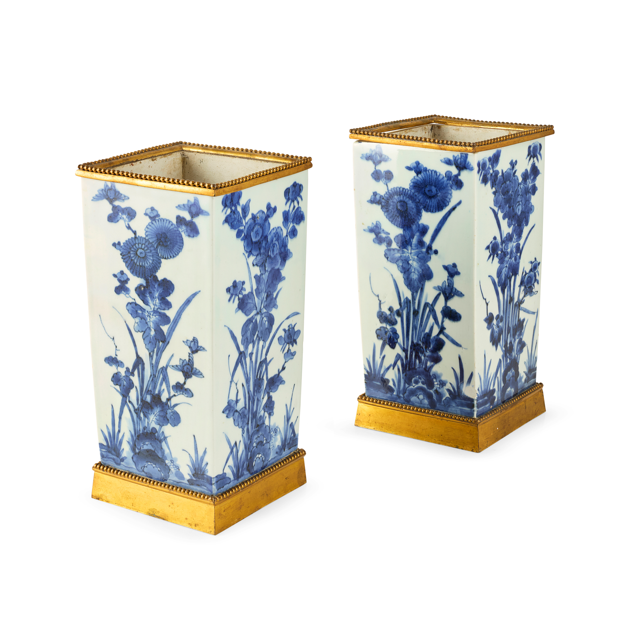 PAIR OF CHINESE BLUE AND WHITE SQUARE SECTION VASES