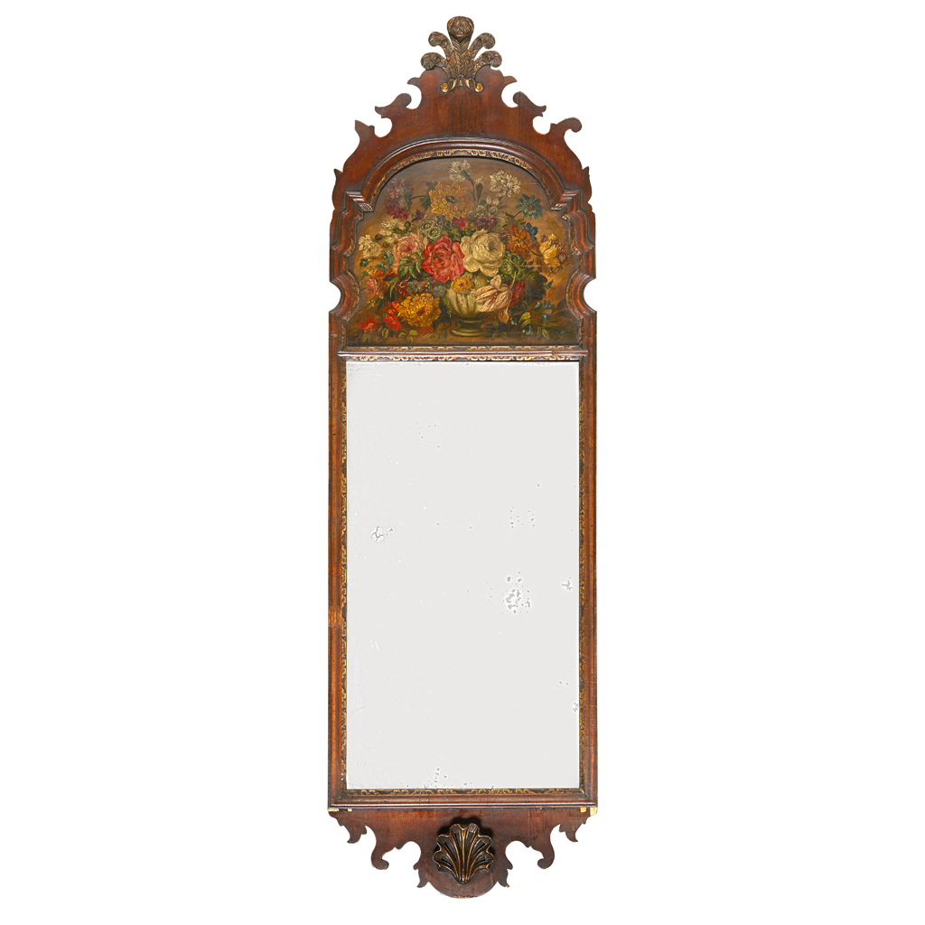 GEORGE II STYLE WALNUT AND PAINTED MIRROR