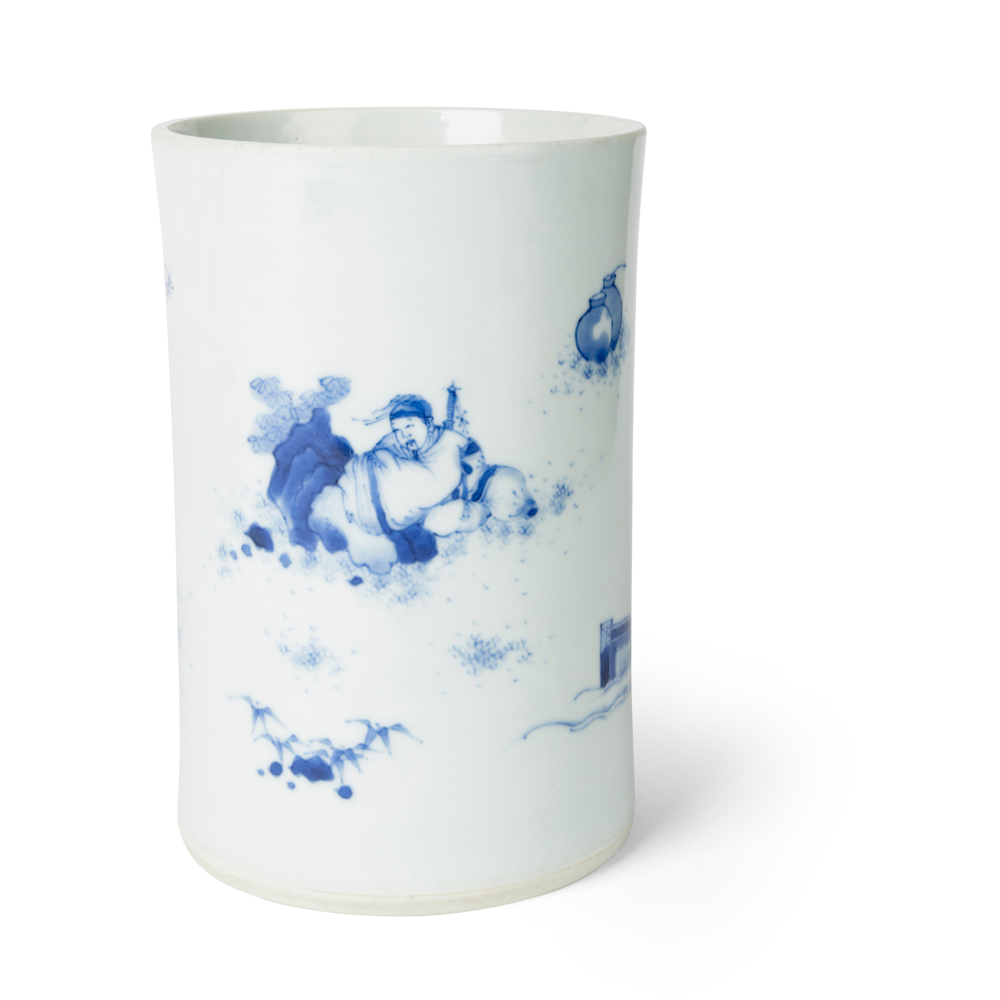 CHINESE BLUE AND WHITE 'DRUNKEN SCHOLAR' BRUSH POT