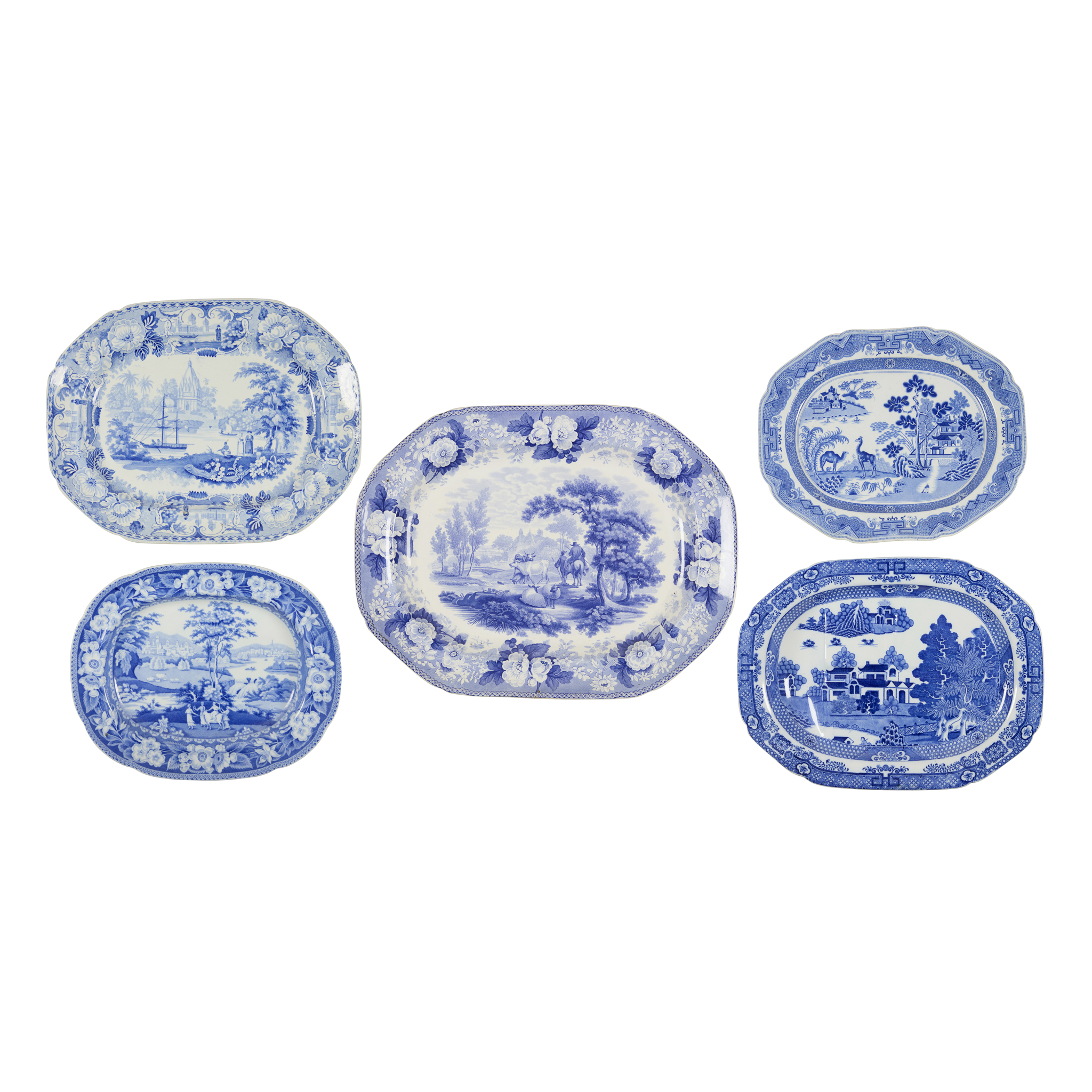 FIVE BLUE AND WHITE TRANSFER PRINTED MEAT PLATES