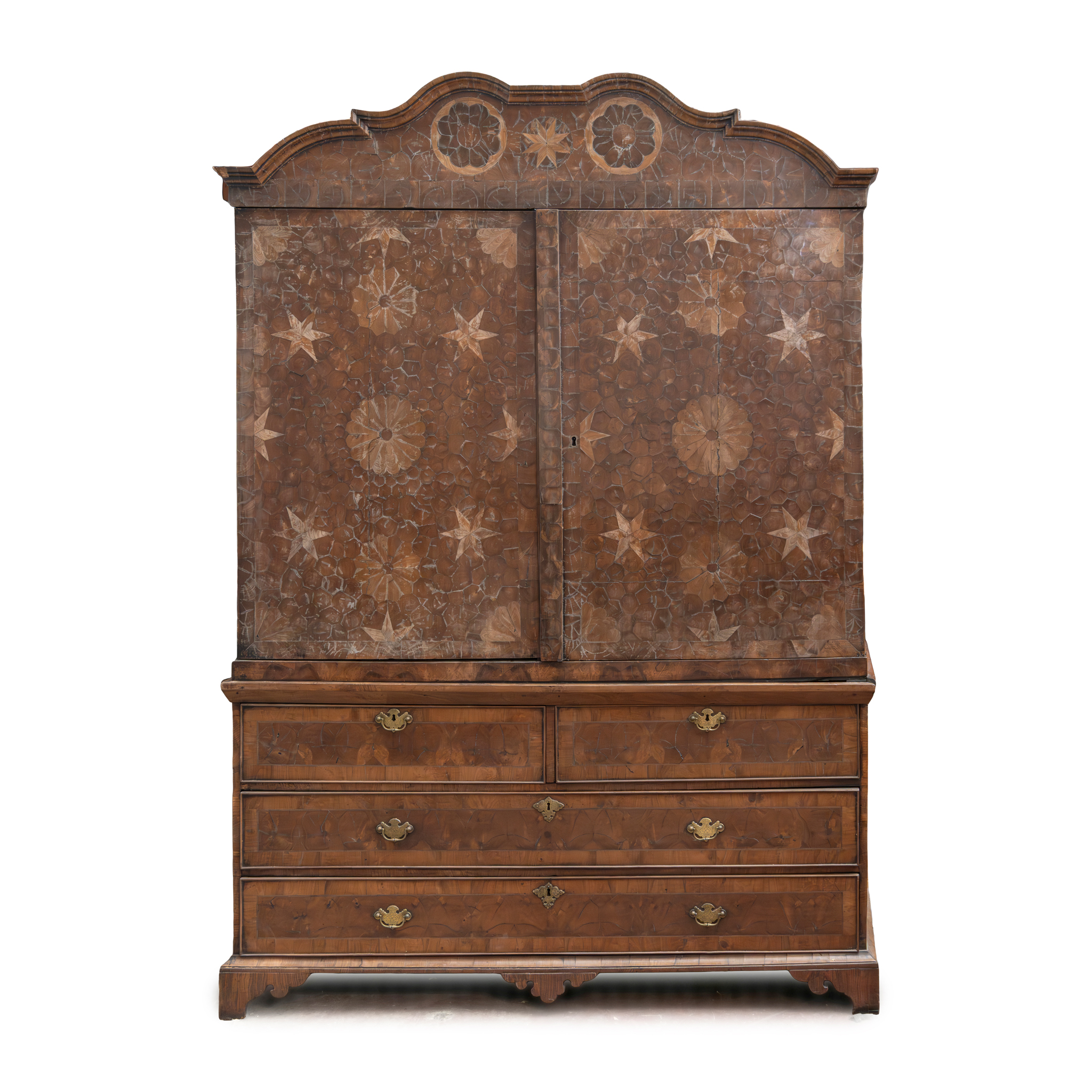 A DUTCH WALNUT OYSTER VENEER AND INLAID PRESS