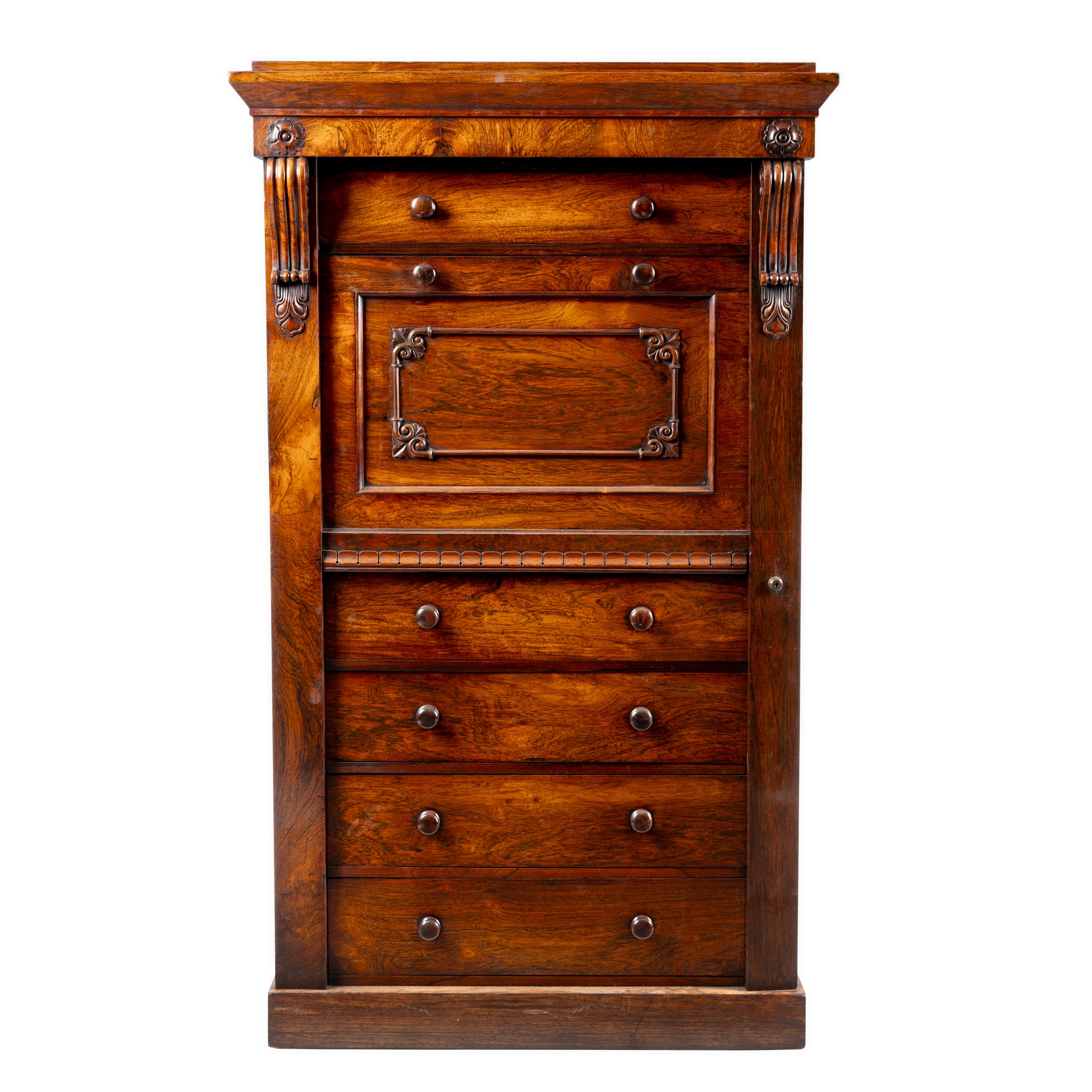 A VICTORIAN ROSEWOOD WELLINGTON STYLE BUREAU ABBATANT