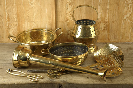 A group of Victorian brass kitchen items