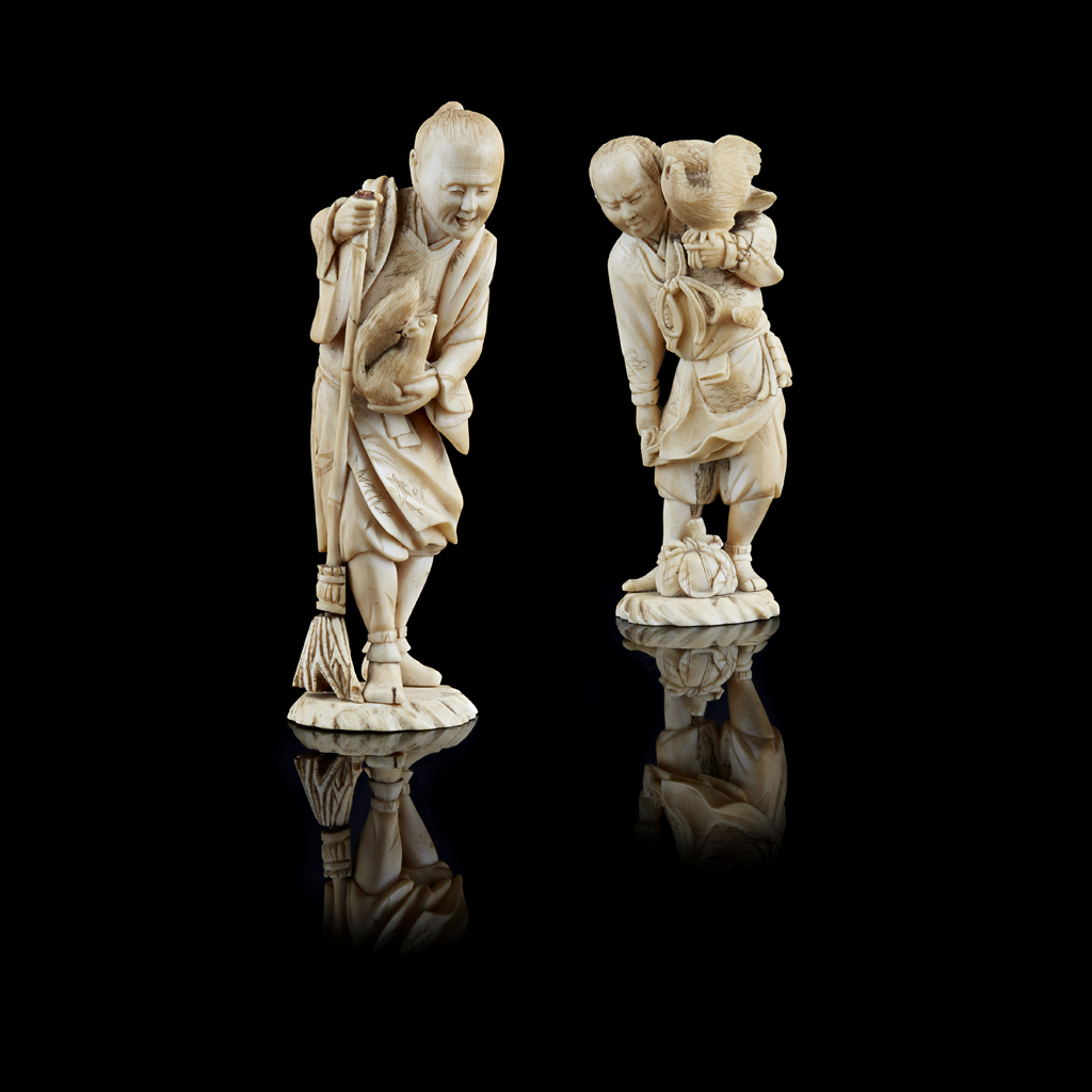 TWO CARVED IVORY OKIMONO