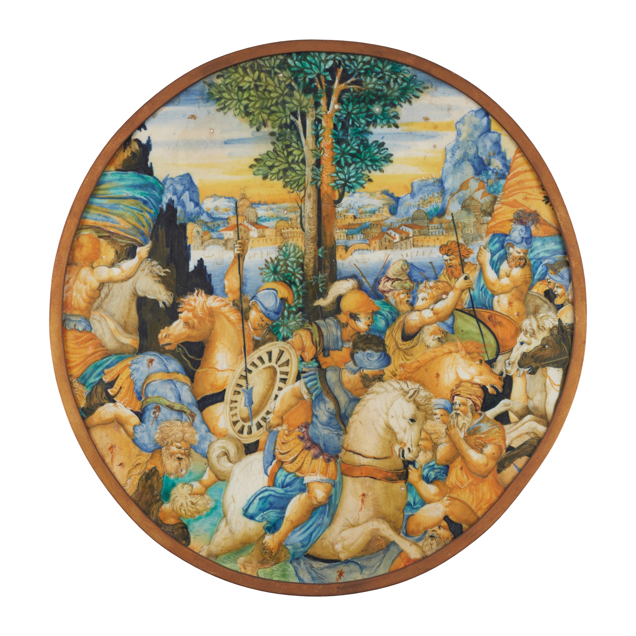ITALIAN URBINO MAIOLICA PLAQUE DEPICTING A BATTLE SCENE FROM ROMAN HISTORY