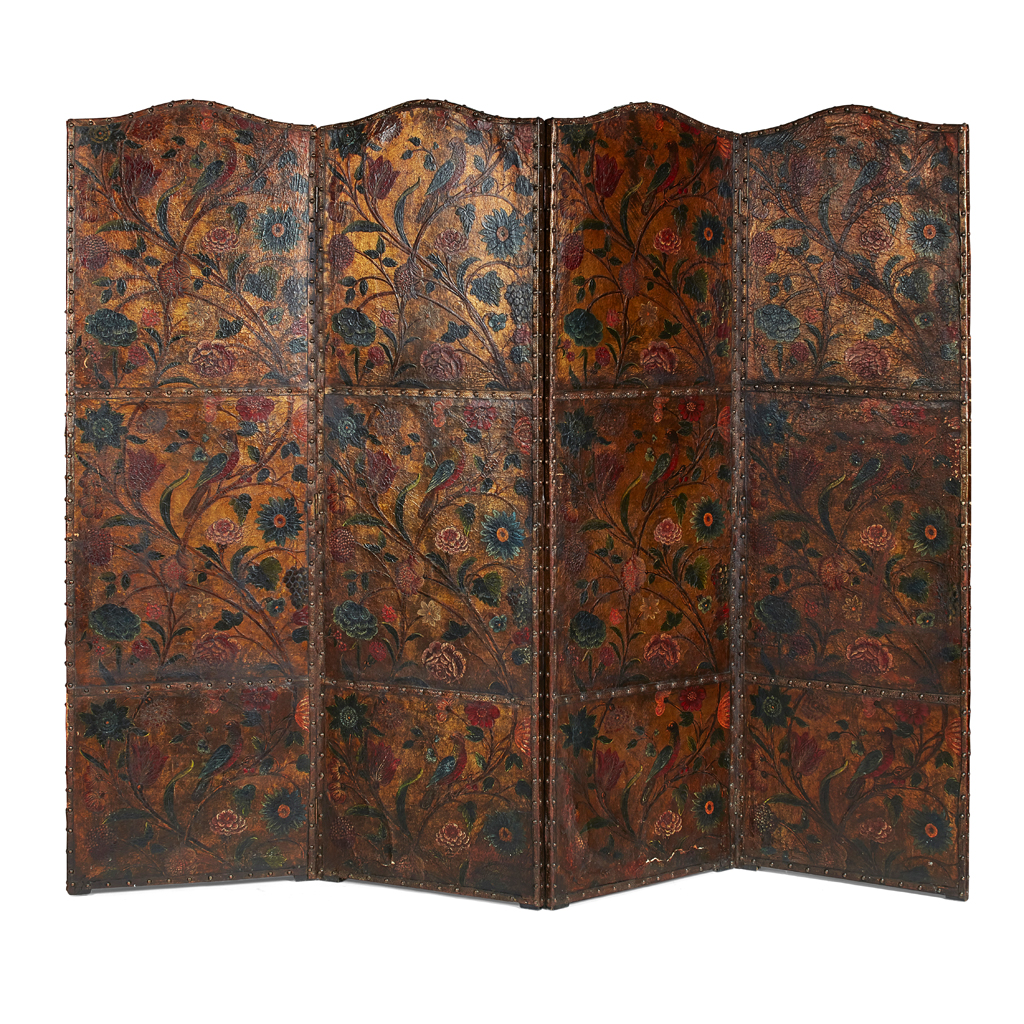 FINE DUTCH POLYCHROME AND GILT LEATHER FOUR PANEL SCREEN