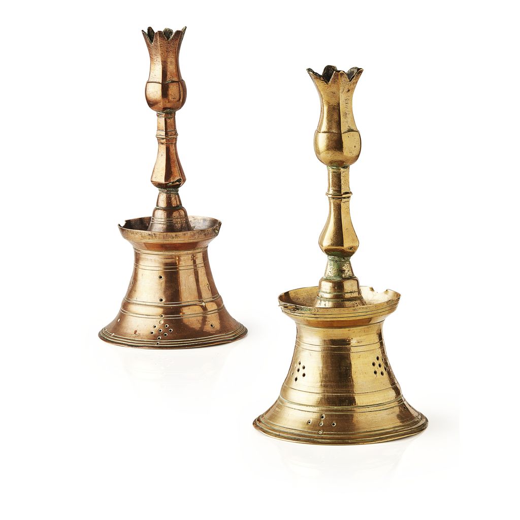 NEAR PAIR OF OTTOMAN BRASS 'TULIP' CANDLESTICKS