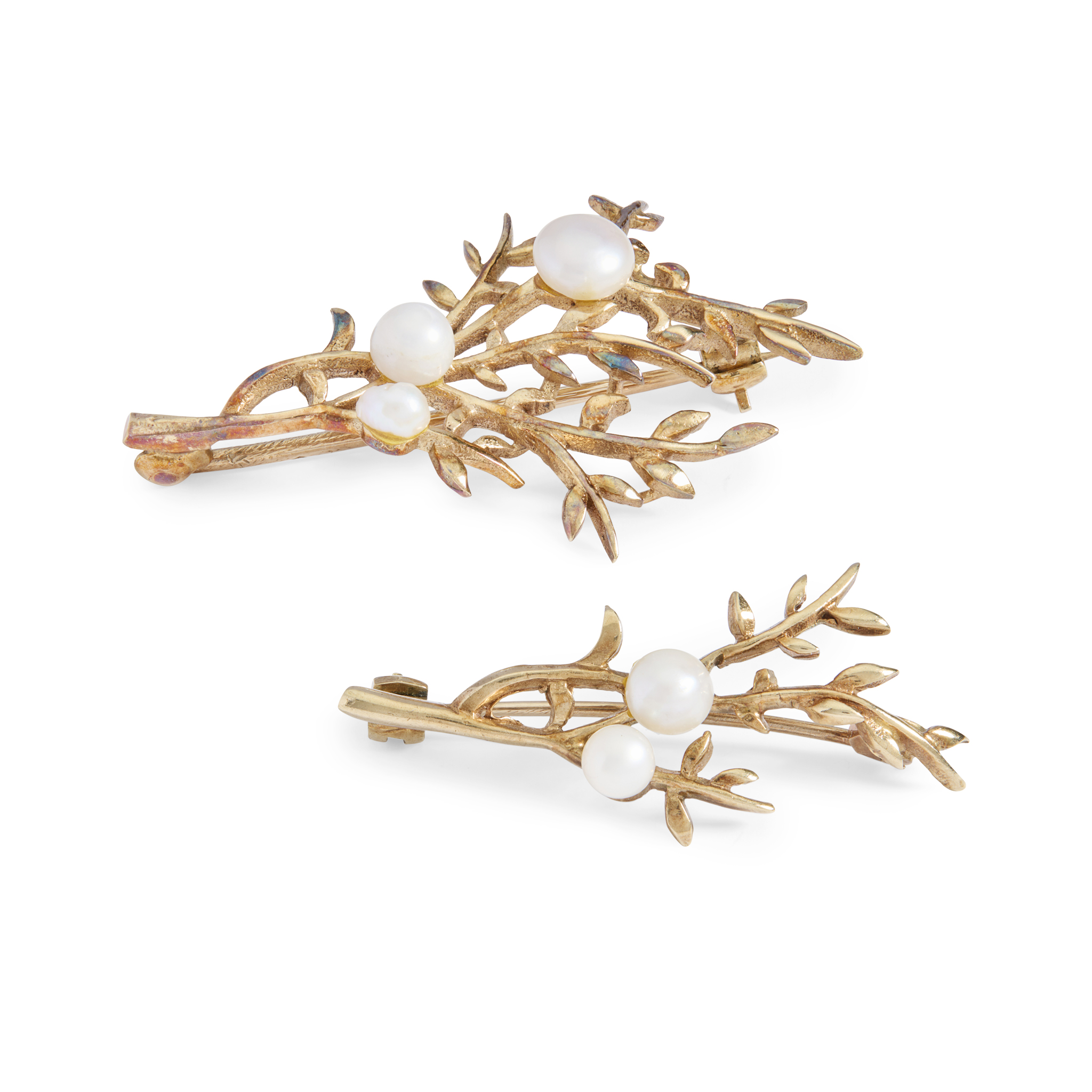 A pair of 9ct gold pearl brooches