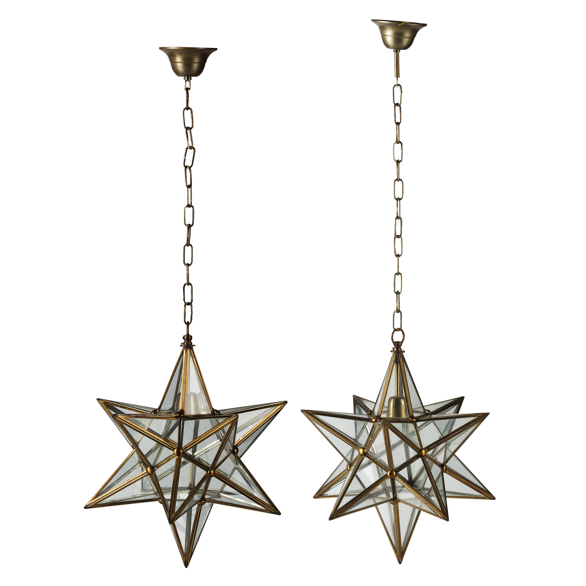PAIR OF STAR-SHAPED GLASS AND BRASS HANGING LIGHTS