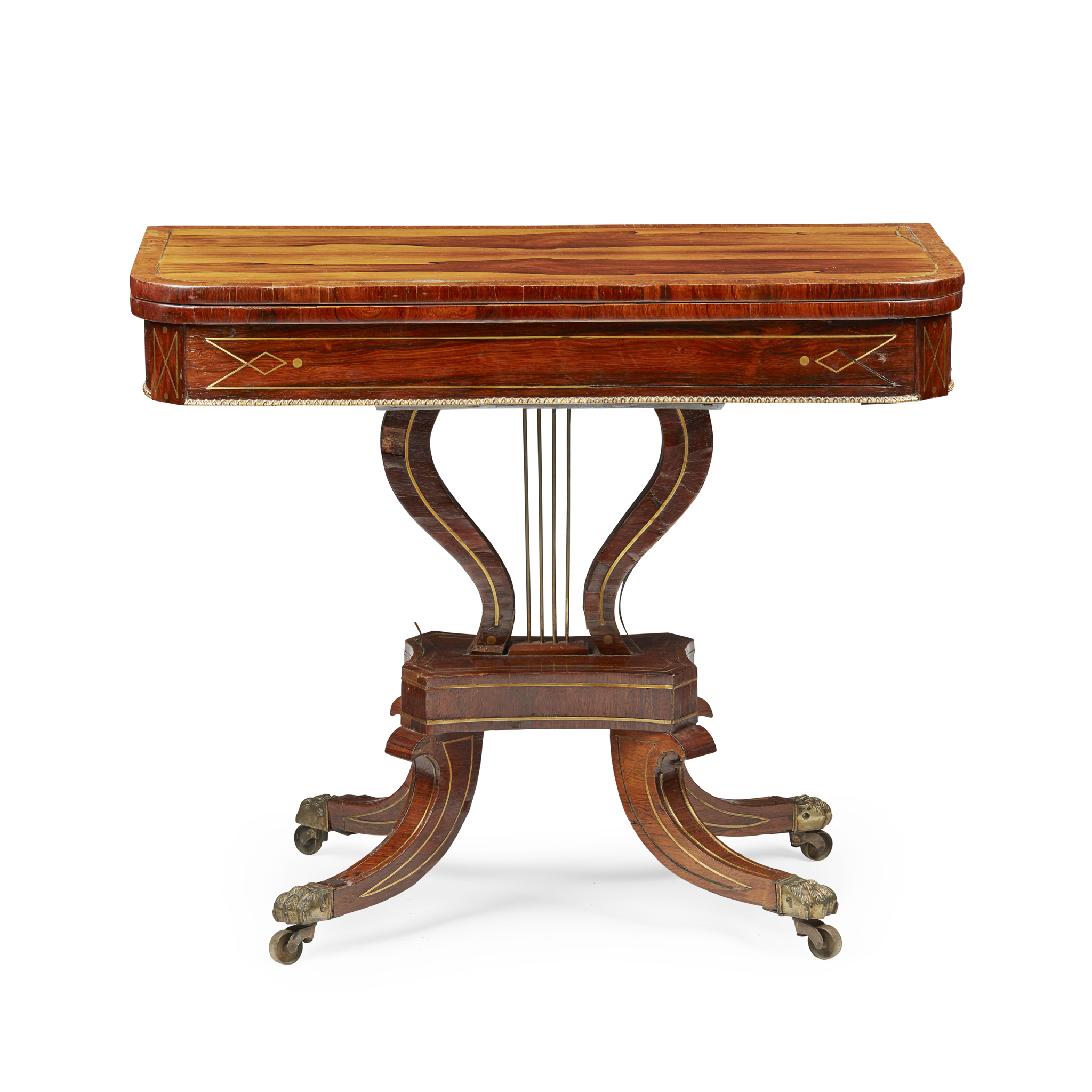 REGENCY ROSEWOOD, YEW, AND BRASS CARD TABLE