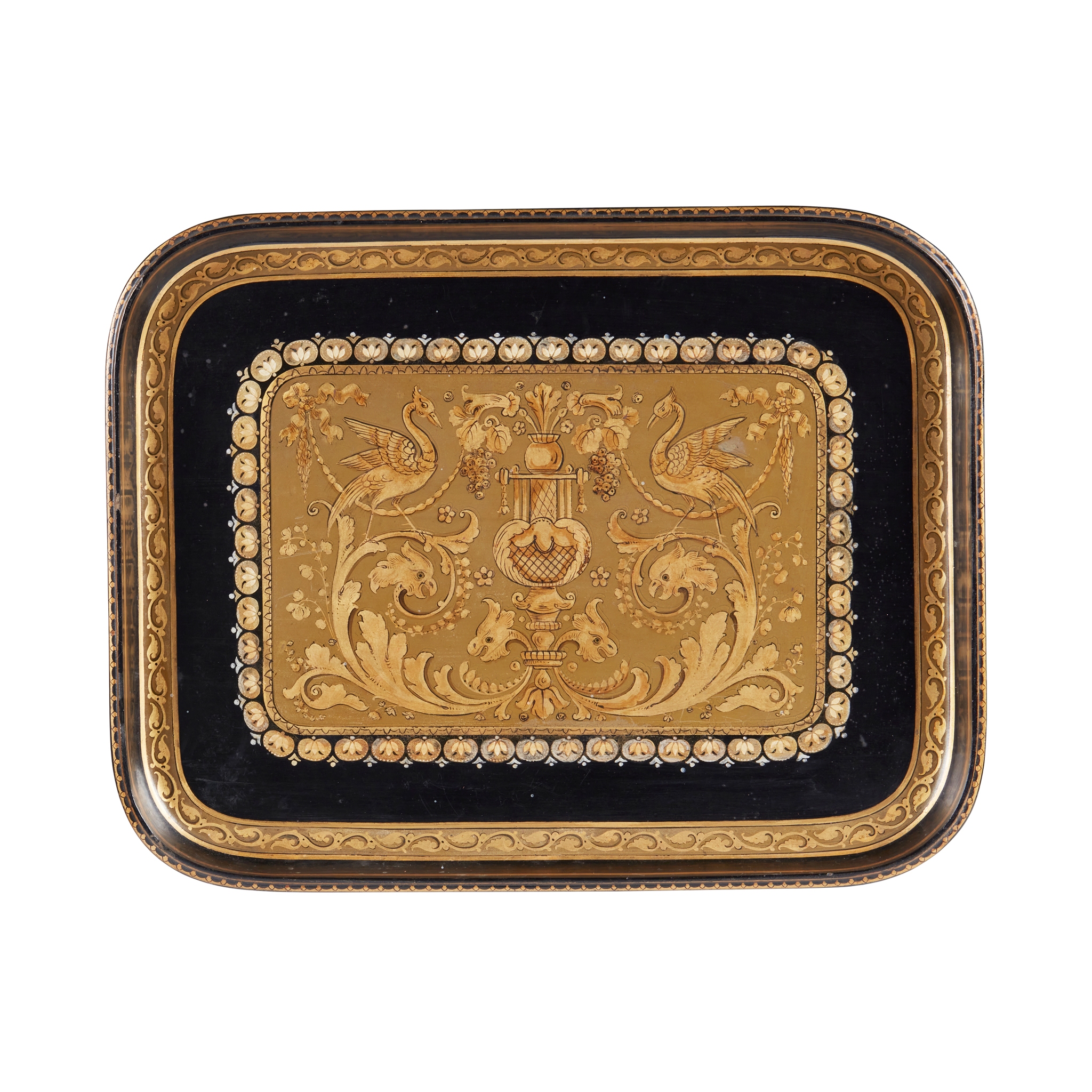 VICTORIAN PAINTED AND GILT LACQUERED WOOD TRAY, BY JAMES SHOOLBRED