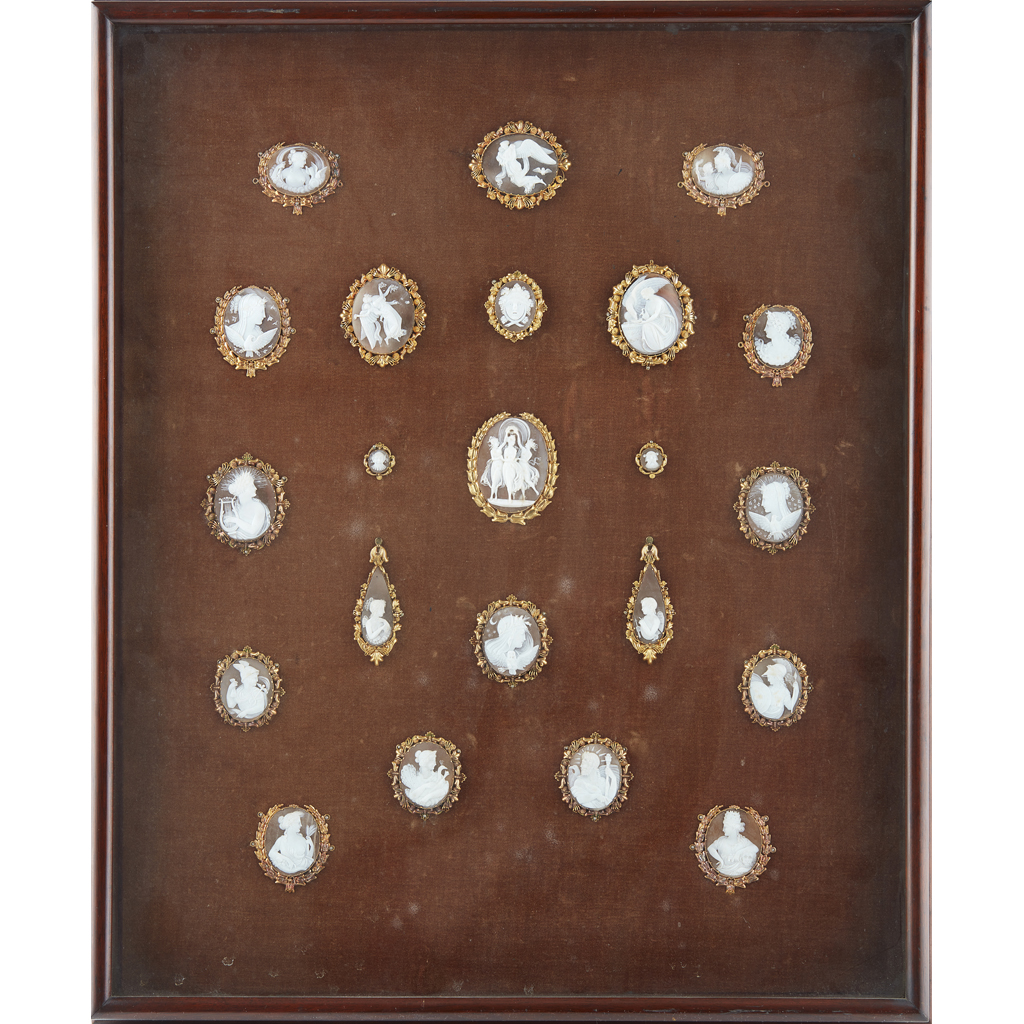 EARLY VICTORIAN FRAMED GROUP OF TWENTY-TWO SHELL CAMEOS