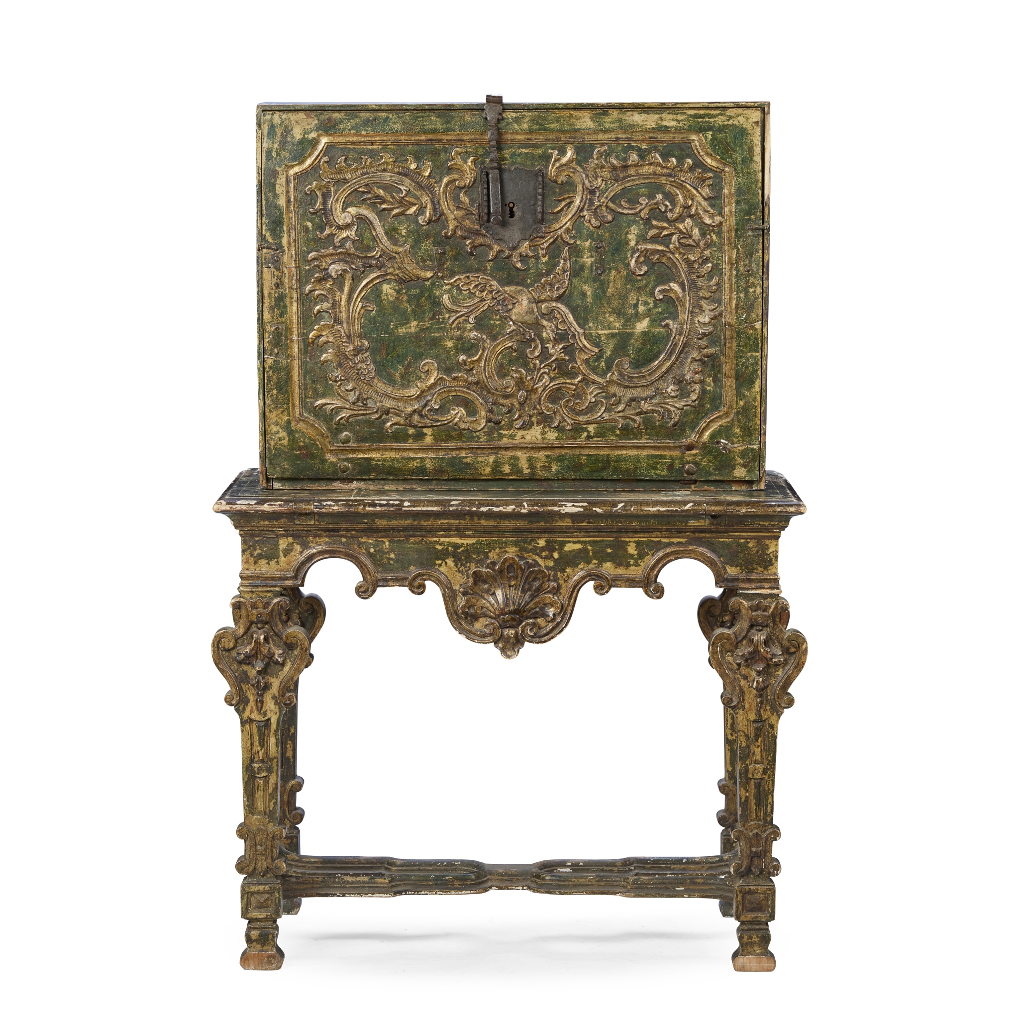 ITALIAN GREEN PAINTED, PARCEL GILT, AND PASTIGLIA ESCRITOIRE