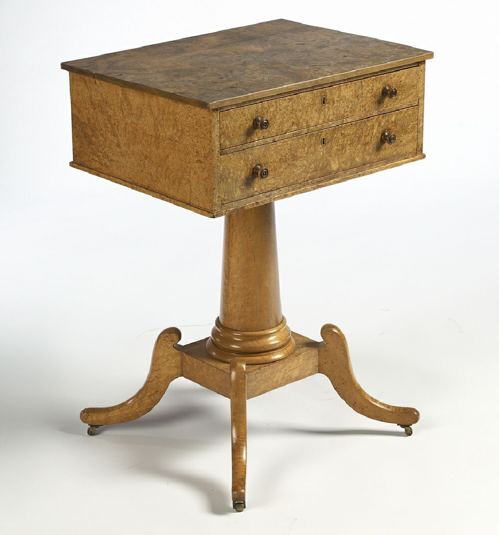 A William IV period burr walnut, amboyna and maple work table