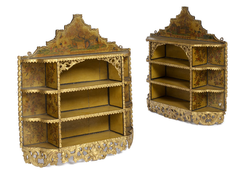 A pair of Regency period Chinoserie painted open wall shelves
