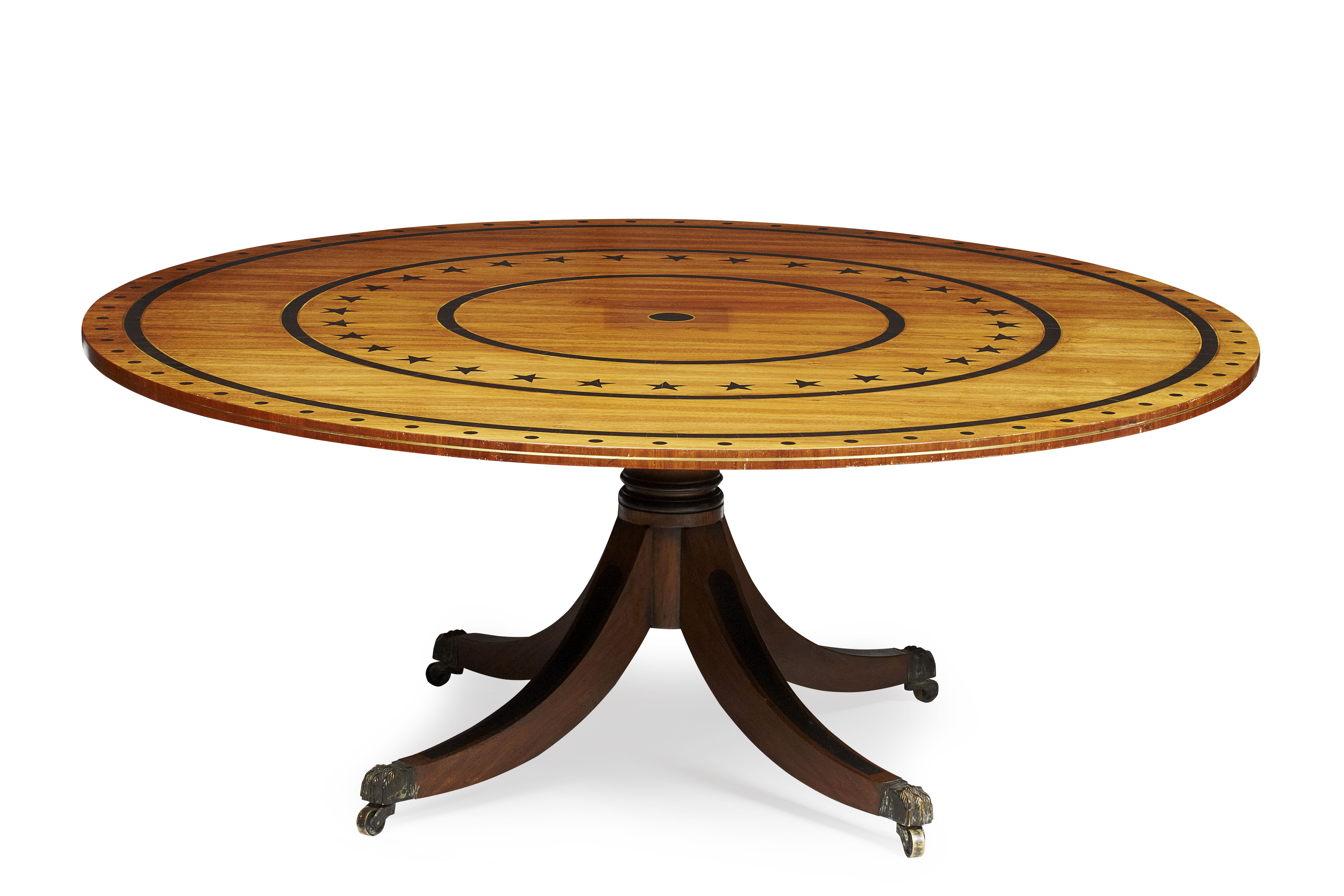 LARGE REGENCY STYLE MAHOGANY, EBONY AND BRASS INLAID CENTRE TABLE