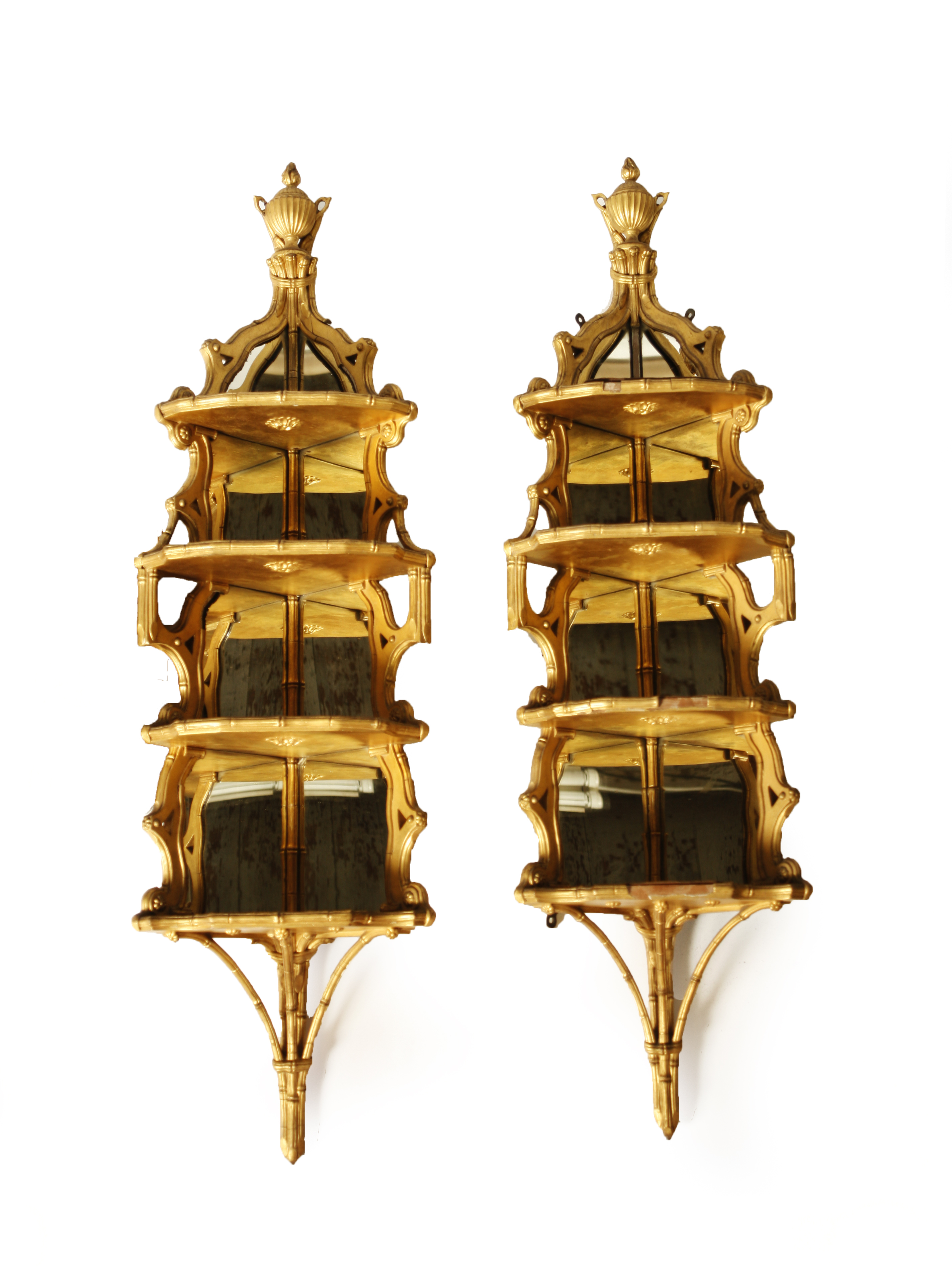 PAIR OF MIRROR BACKED HANGING CORNER SHELVES