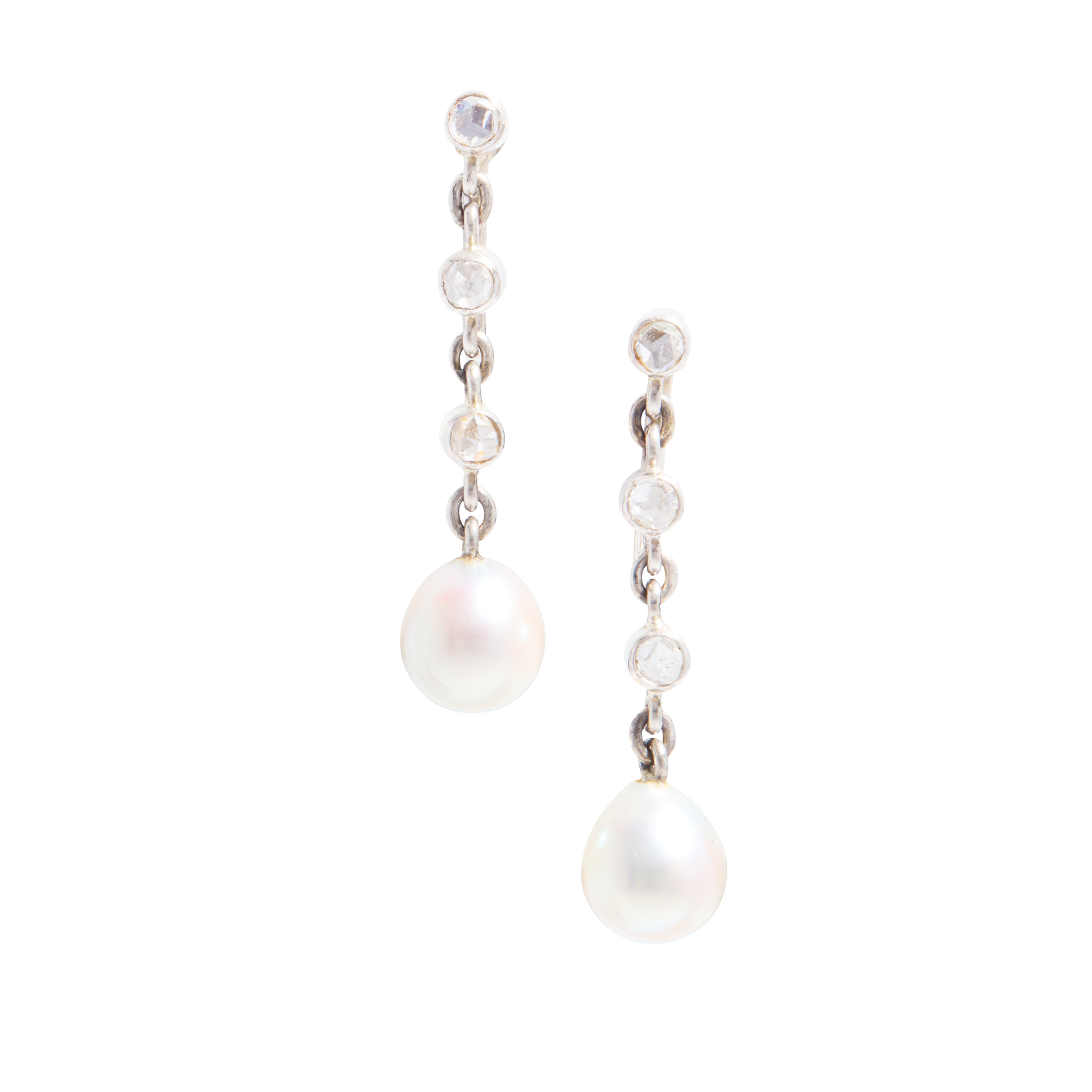 A pair of pearl and diamond pendent earrings