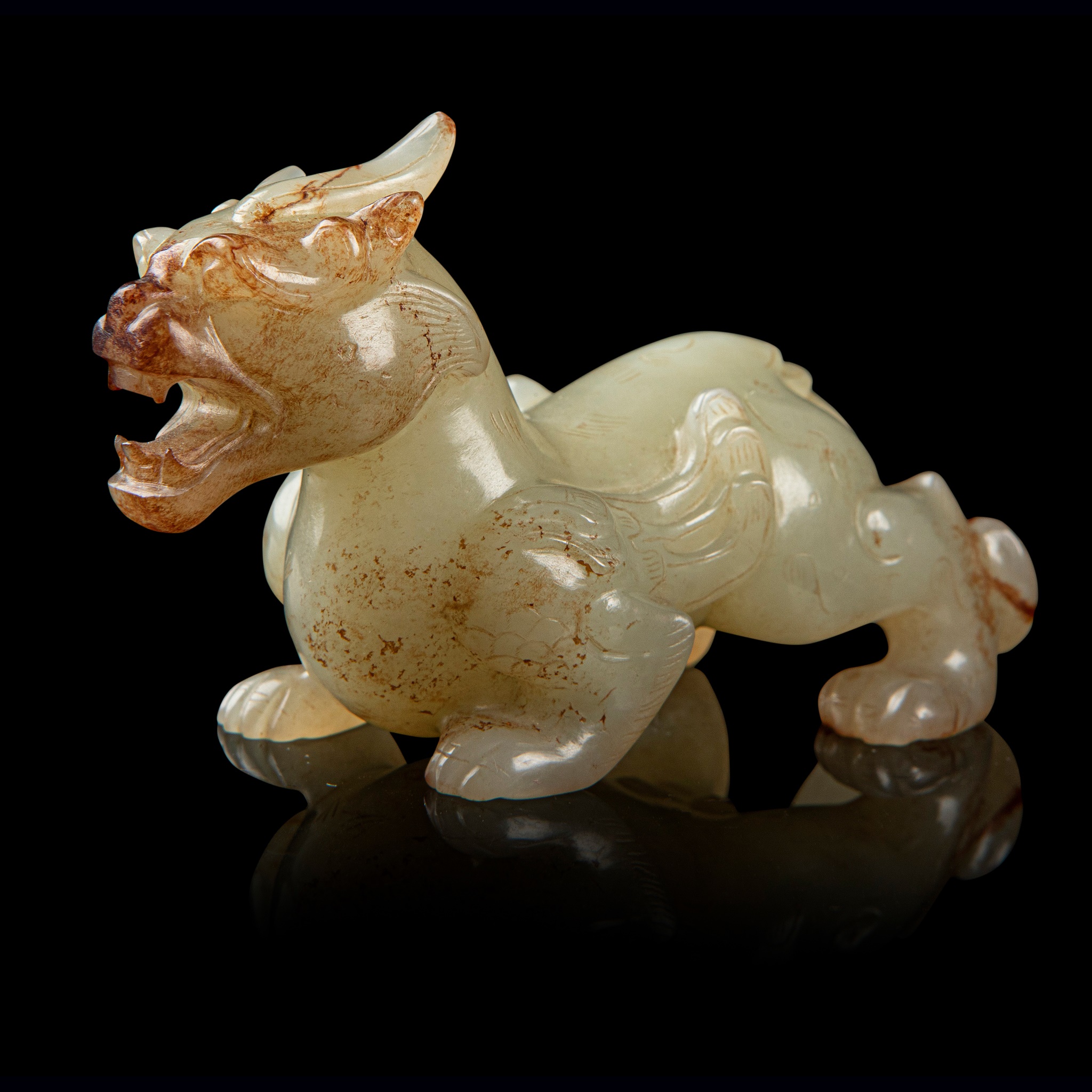 RARE PALE CELADON JADE CARVING OF A BIXIE
