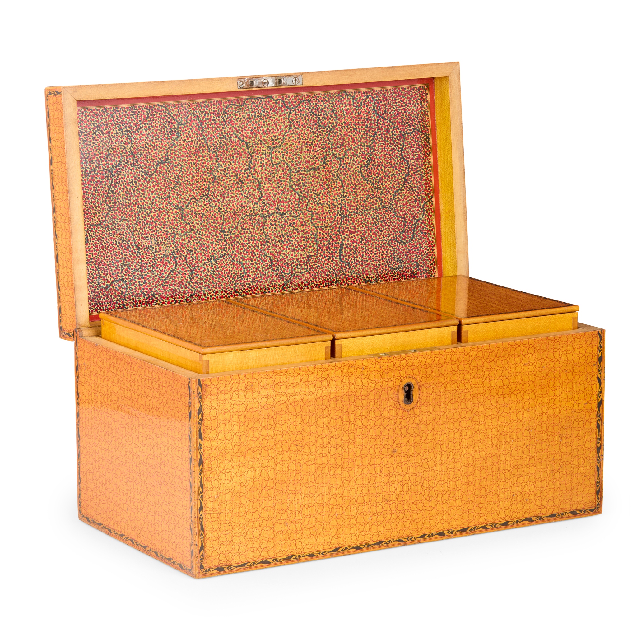 A MAUCHLINE WARE SYCAMORE AND RED INK TEA CADDY BY W. CRAB OF LAURENCEKIRK