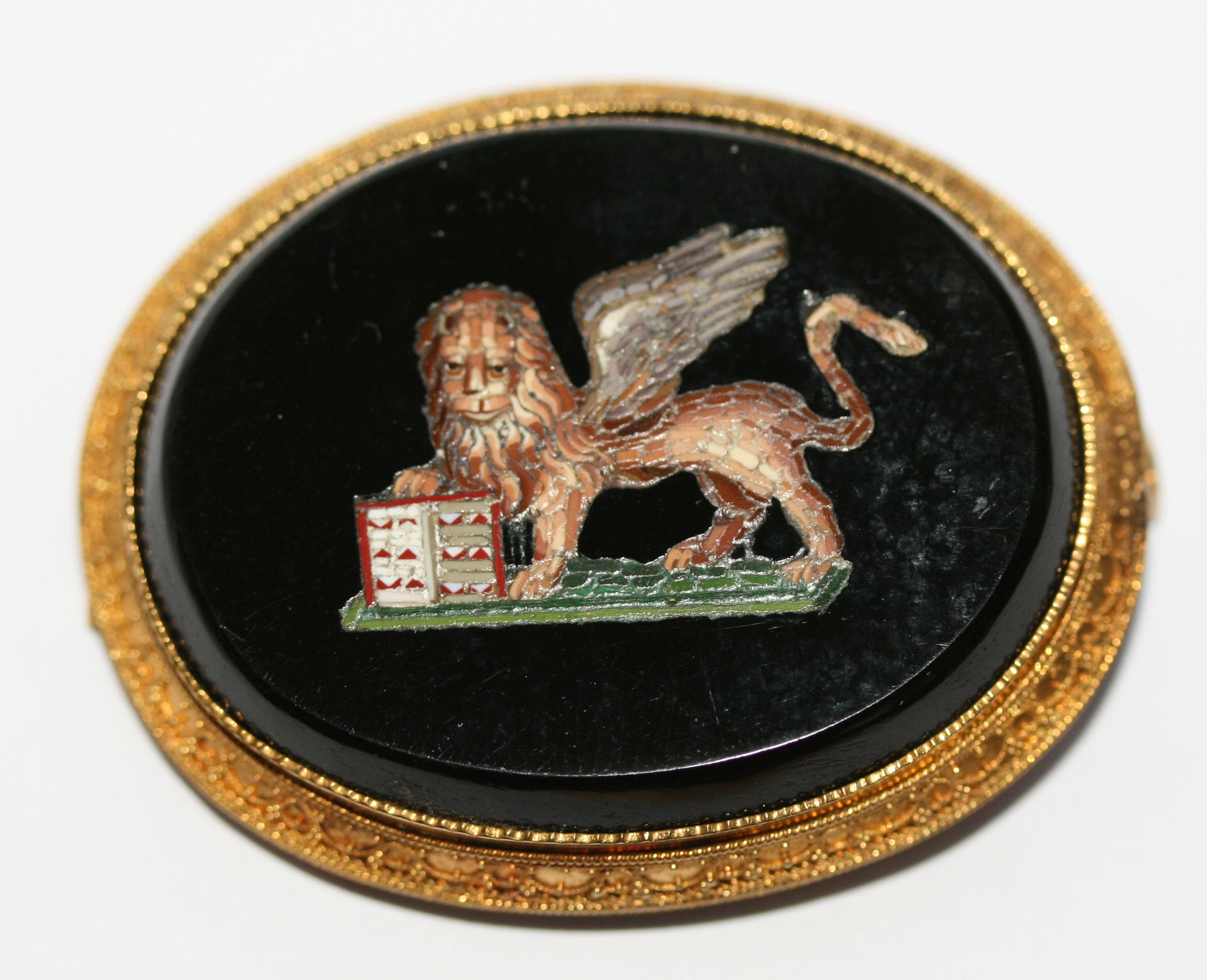 A mid 19th century gold and micromosaic brooch and matching pendant earrings