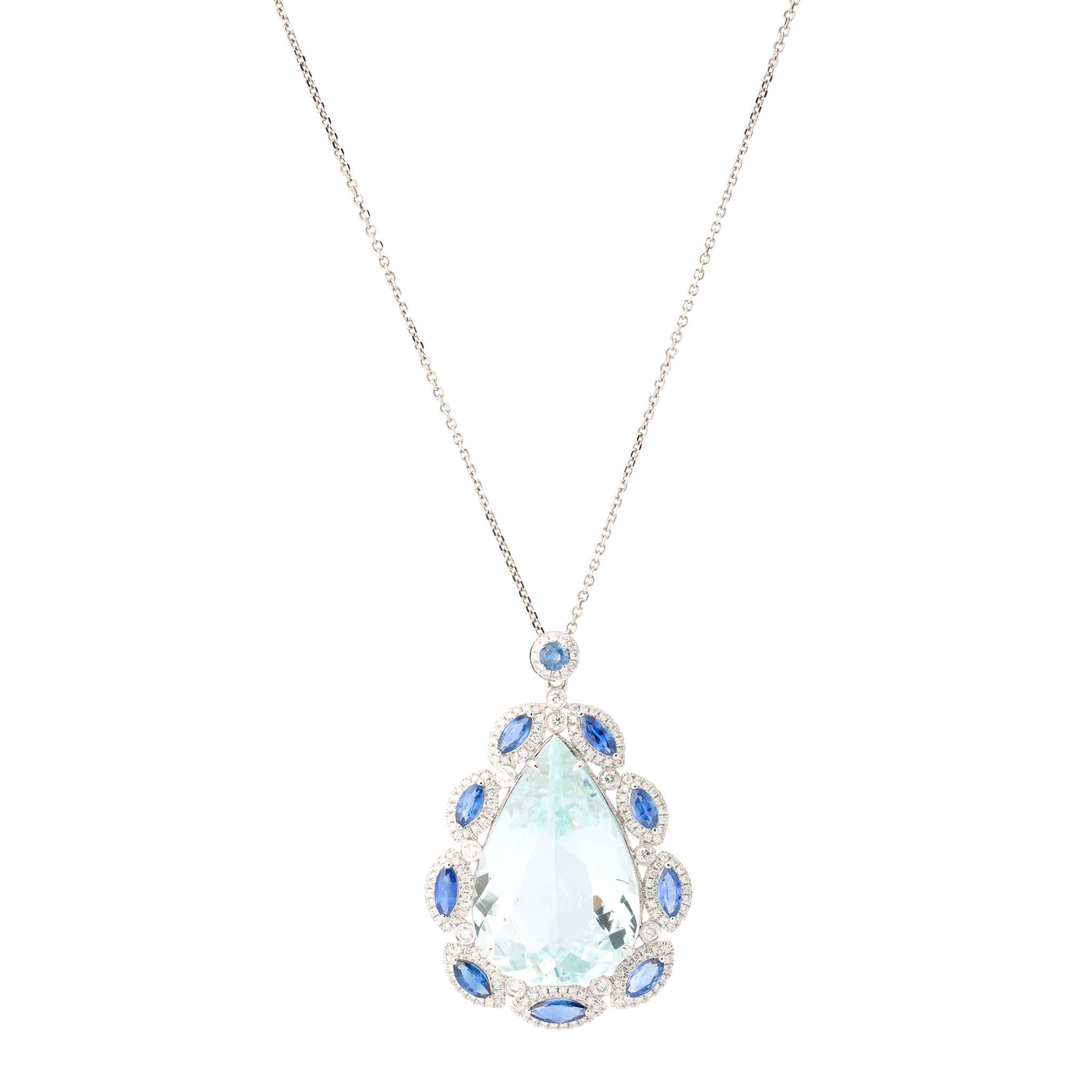 An aquamarine, sapphire, and diamond pendant