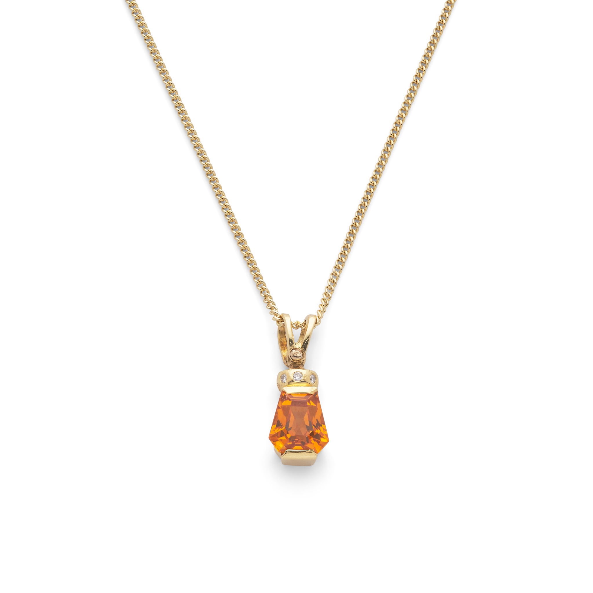 An orange sapphire and diamond pendant necklace