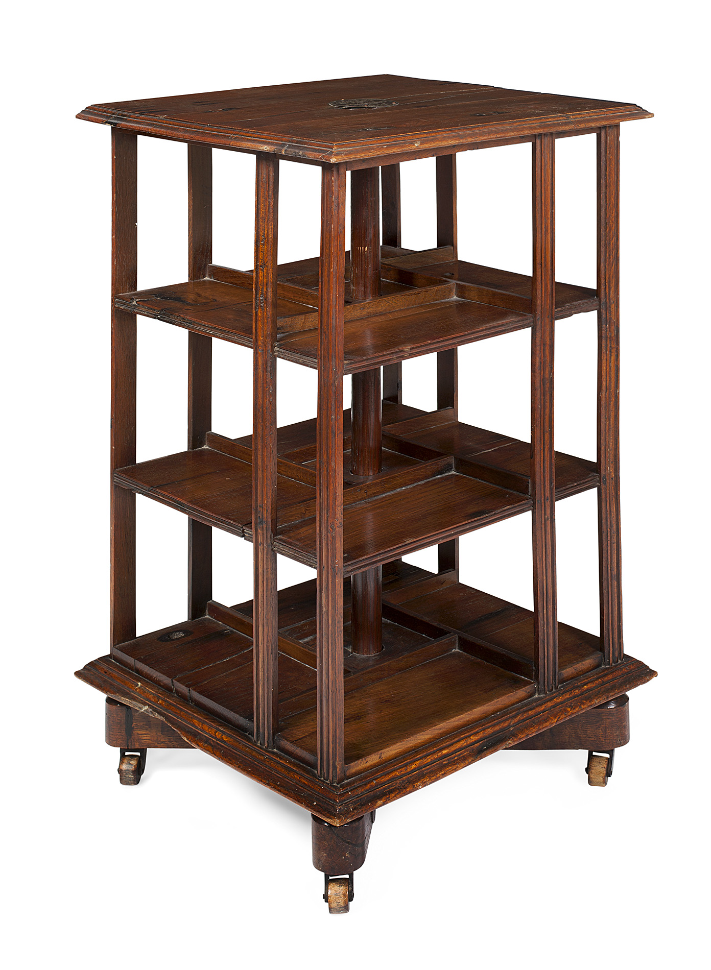 OAK AND PINE REVOLVING BOOKCASE, BEARING PLAQUE 'GOODALL LAMB & HEIGHWAY LTD, MANCHESTER'