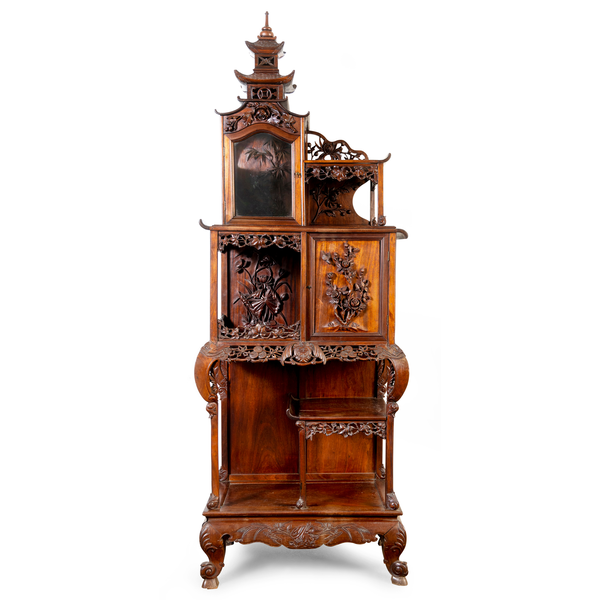 A MAHOGANY DISPLAY CABINET OF STEPPED PAGODA FORM