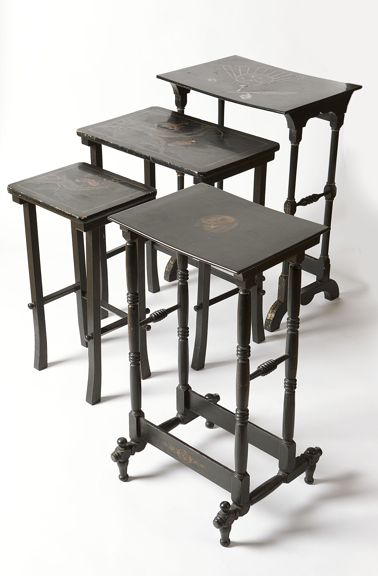 GROUP OF FIVE VICTORIAN BLACK PAPIER-MÂCHÉ OCCASIONAL TABLES