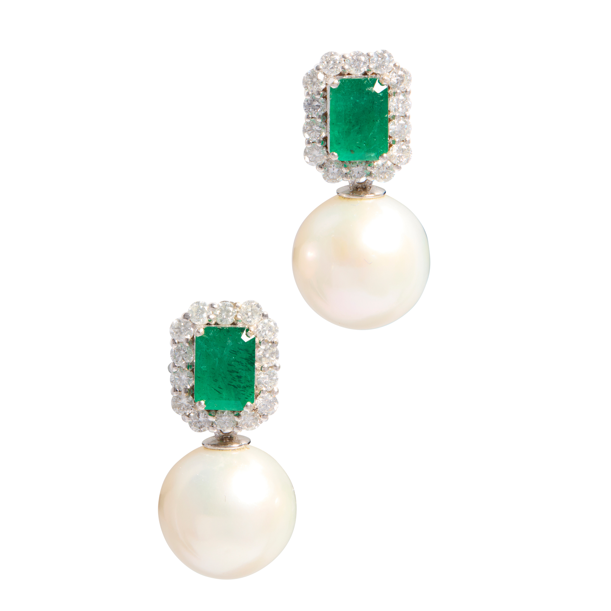 A pair of emerald, diamond and pearl earrings