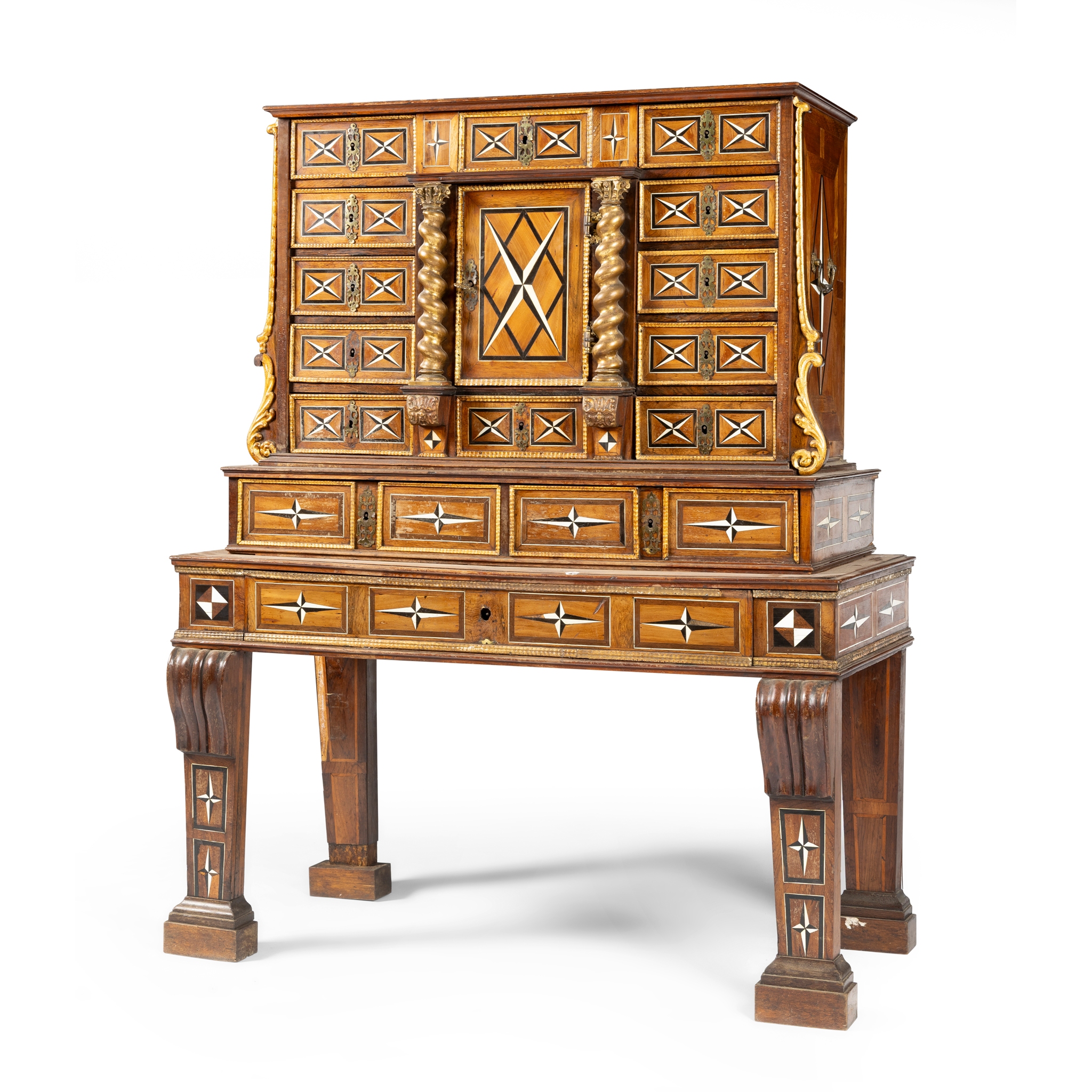 AN ITALIAN WALNUT EBONY AND IVORY INLAID CABINET ON STAND