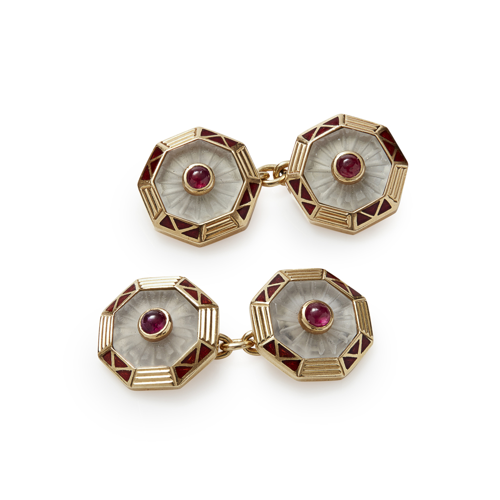 A pair of gentleman's ruby, rock crystal and enamel set cufflinks