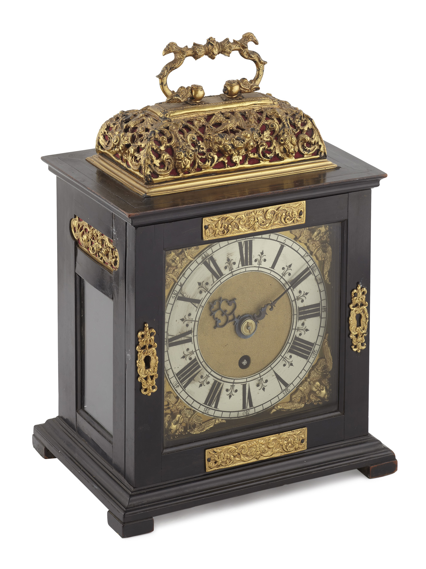 WILLIAM & MARY EBONY BASKET TOP BRACKET CLOCK BY SAMUEL WATSON, LONDON