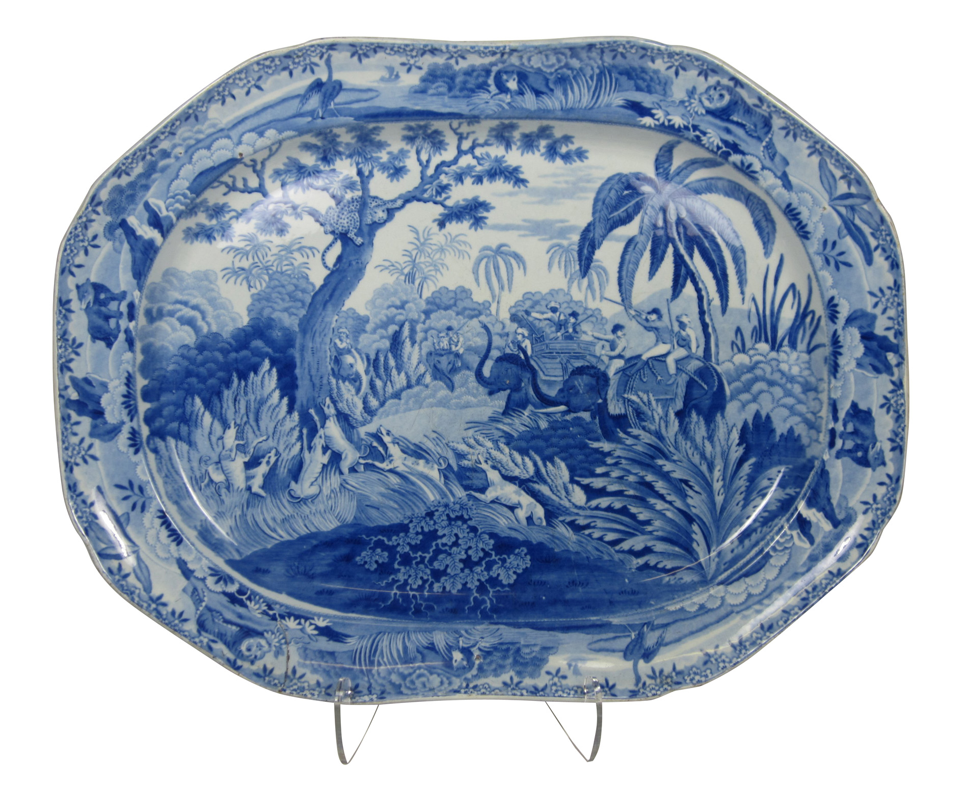 LARGE STAFFORDSHIRE BLUE AND WHITE 'INDIAN SPORTING SERIES' ASHET