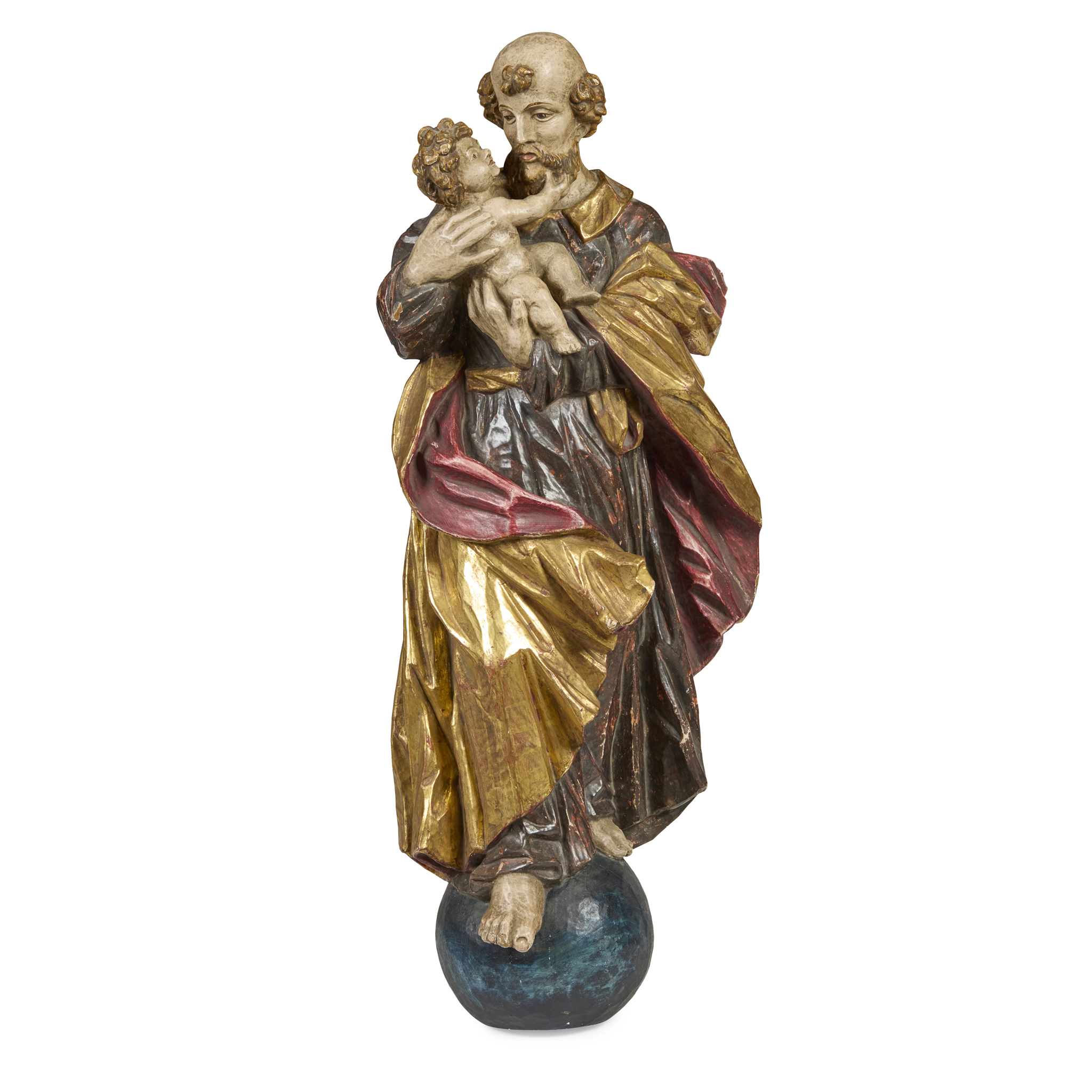 CONTINENTAL CARVED, POLYCHROMED, AND PARCEL GILT FIGURE OF SAINT JOSEPH AND THE INFANT CHRIST