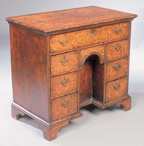 A William & Mary burr walnut dwarf kneehole desk