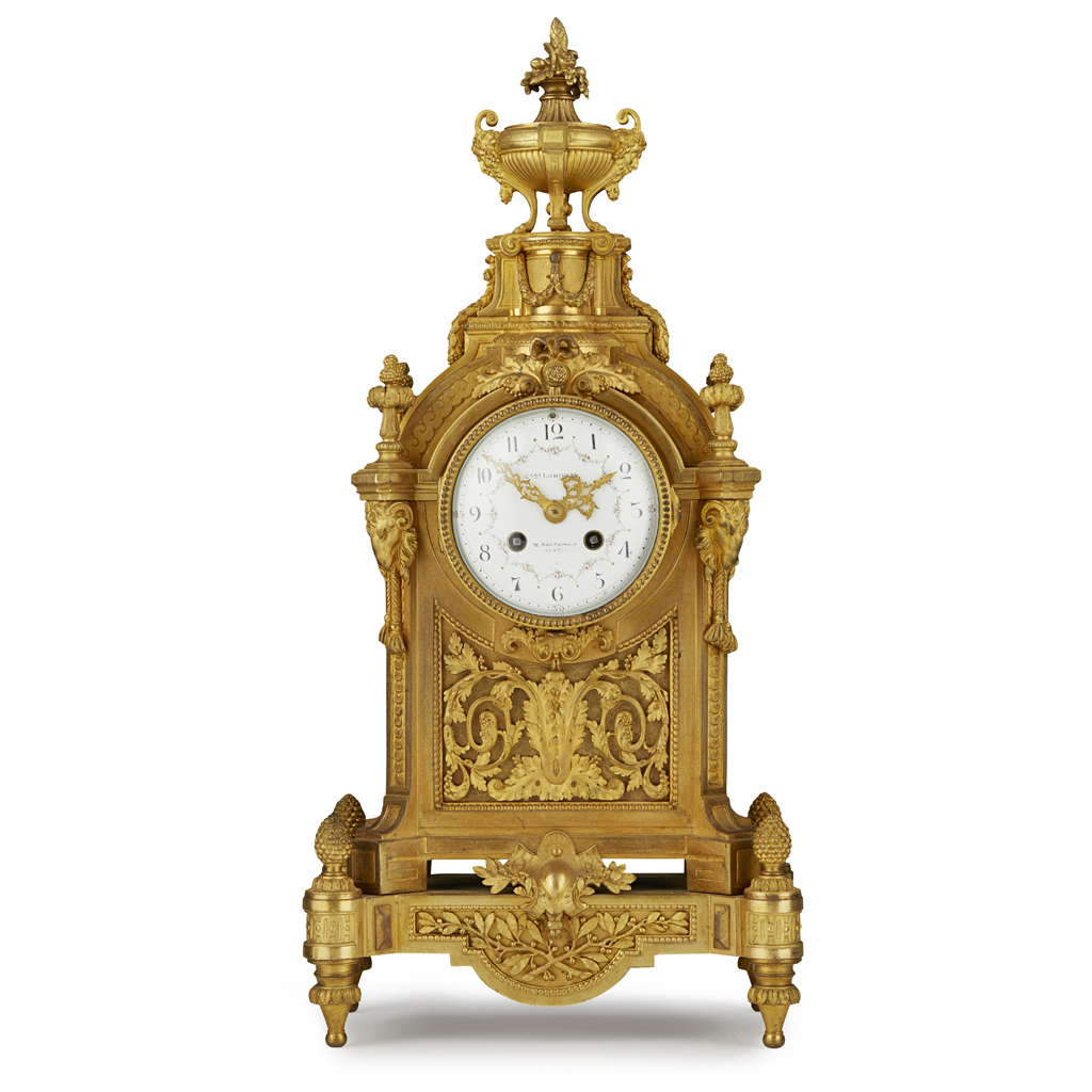 FRENCH GILT METAL MANTEL CLOCK, CHARLES LUMINEAU, PARIS