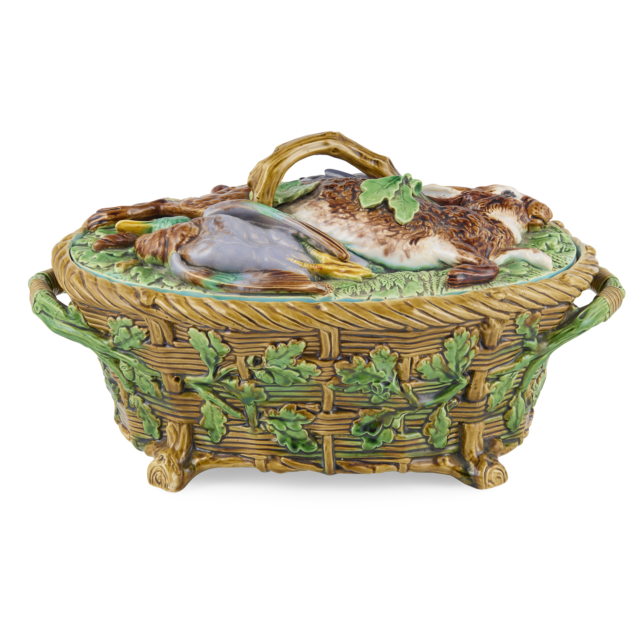 LARGE MAJOLICA GAME PIE DISH AND COVER, PROBABLY MINTON