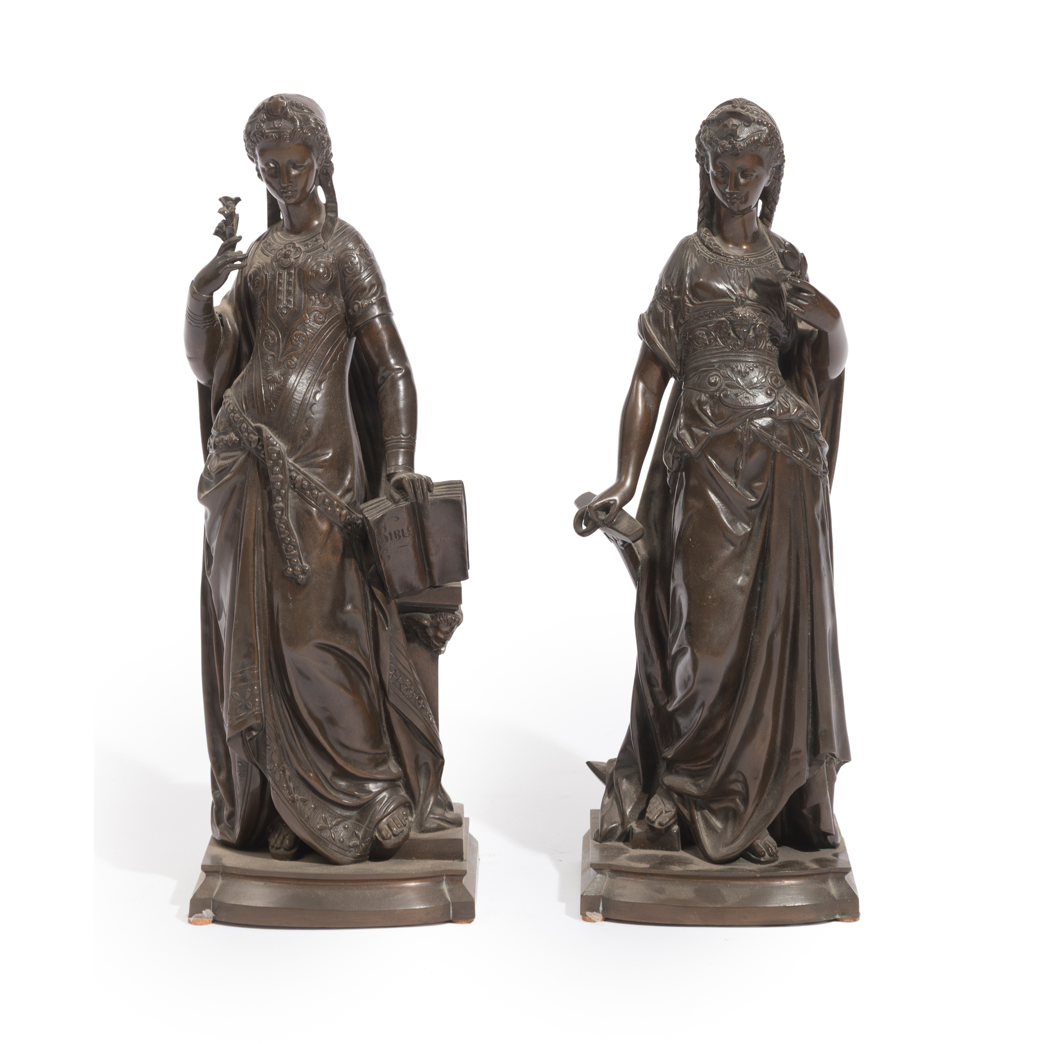 A PAIR OF FRENCH BRONZE ALLEGORICAL FIGURES OF THE VIRTUES