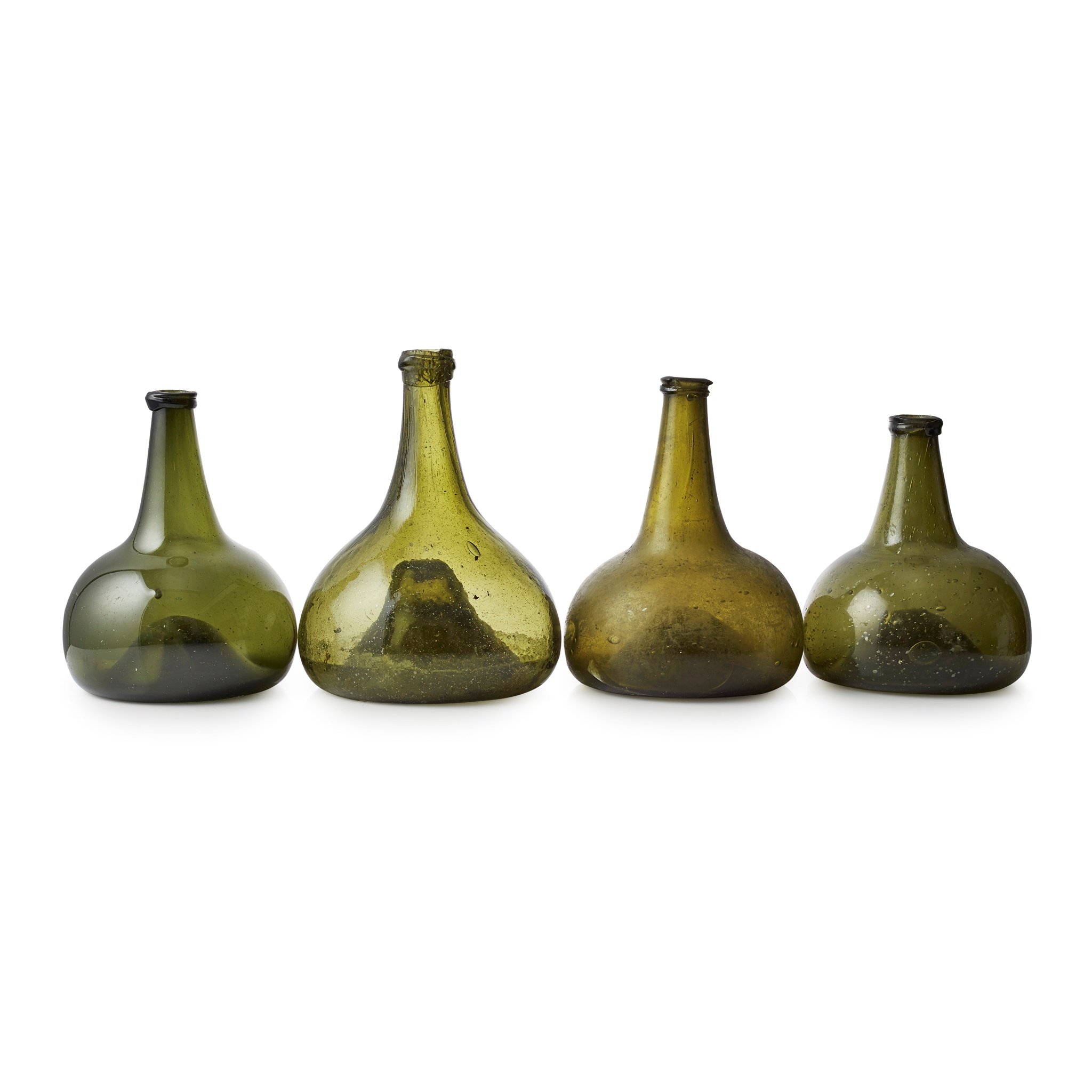 FOUR OLIVE GREEN GLASS 'ONION' BOTTLES
