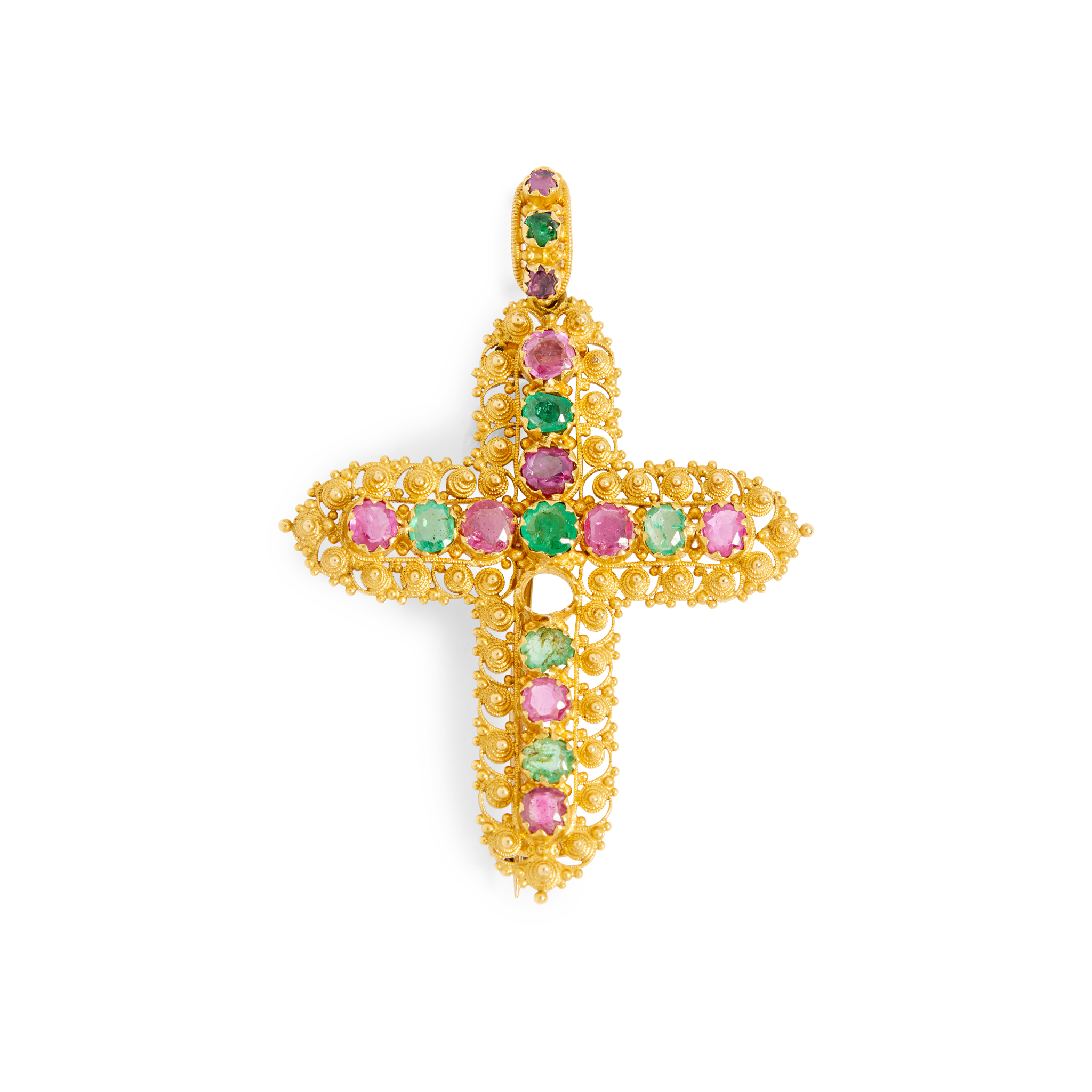A ruby and emerald cross pendant/brooch