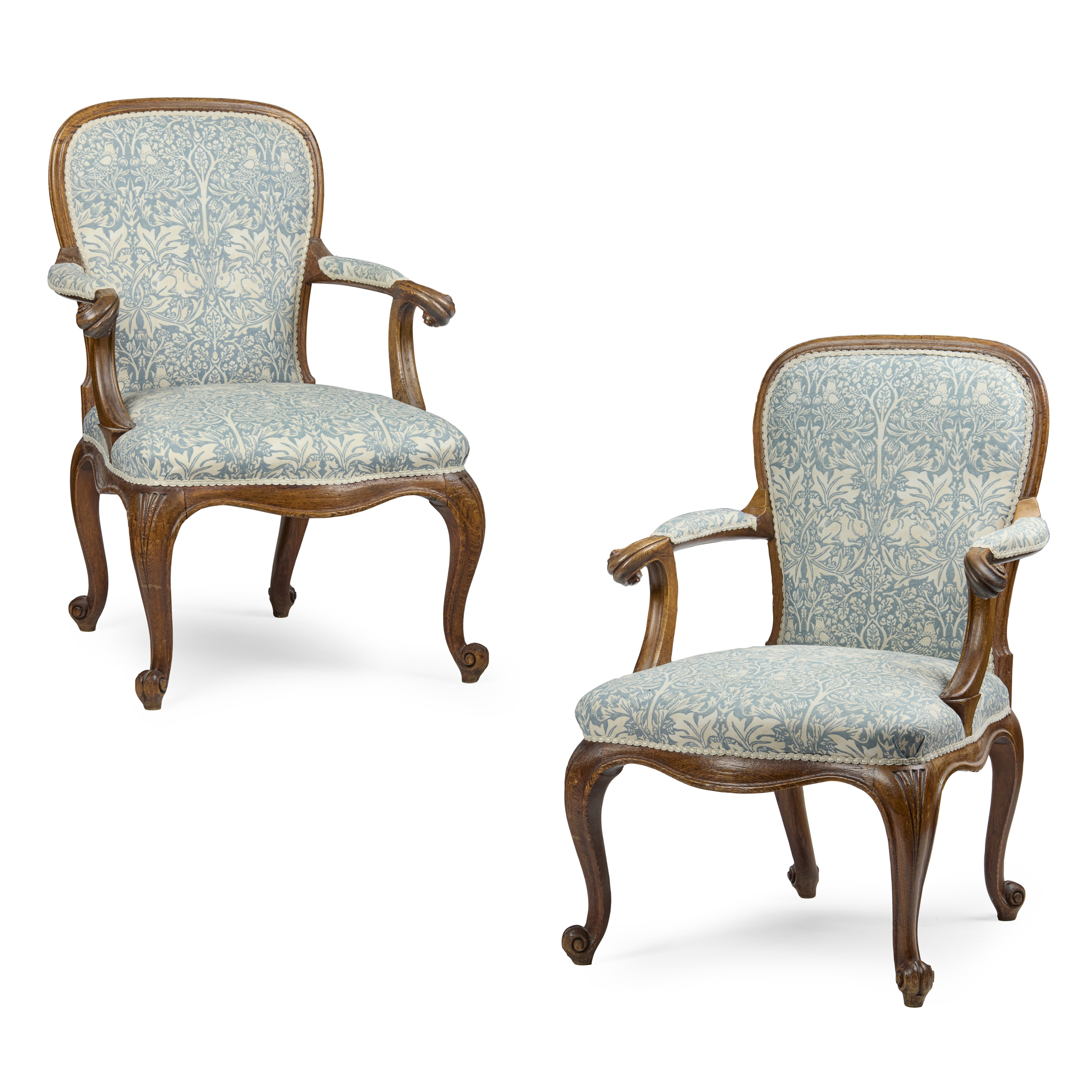 PAIR OF OAK FRAMED OPEN ARMCHAIRS
