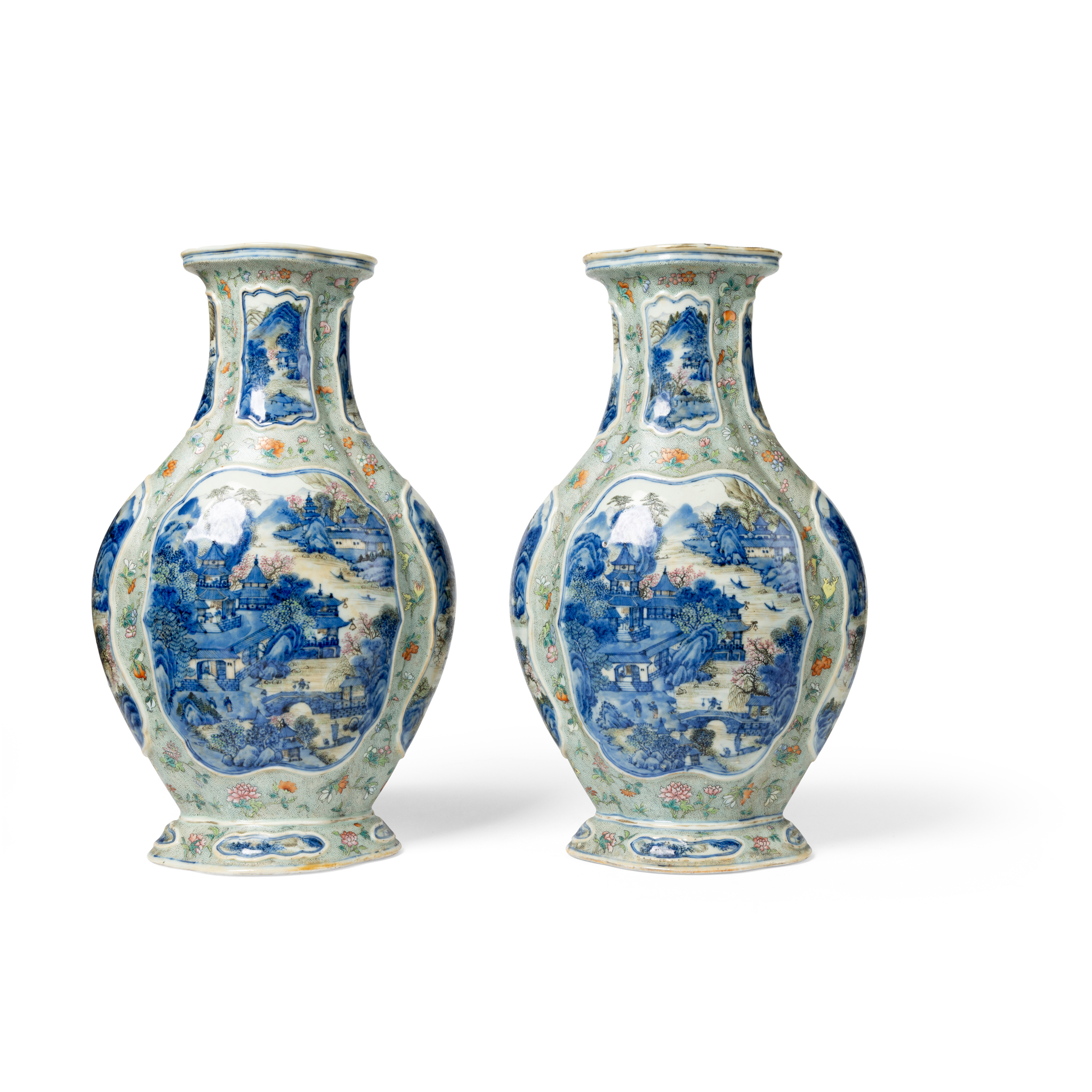 PAIR OF CHINESE UNDERGLAZE BLUE WITH FAMILLE ROSE ‘LANDSCAPE’ QUATREFOIL VASES