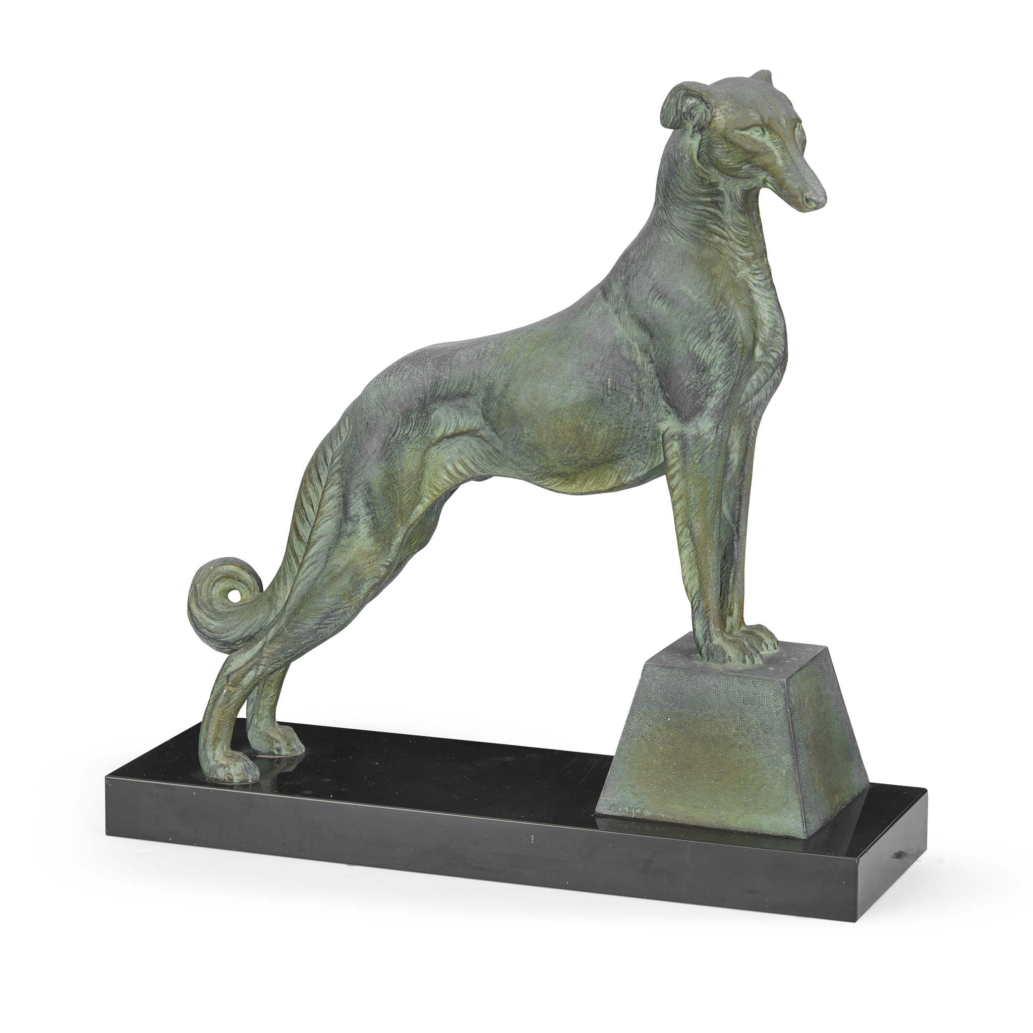 AN ART DECO PATINATED SPELTER FIGURE OF A BORZOI, BY LOUIS ALBERT CARVIN (FRENCH 1875-1951)