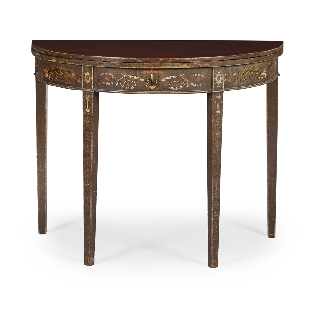 GEORGE III PAINTED MAHOGANY DEMI LUNE CARD TABLE