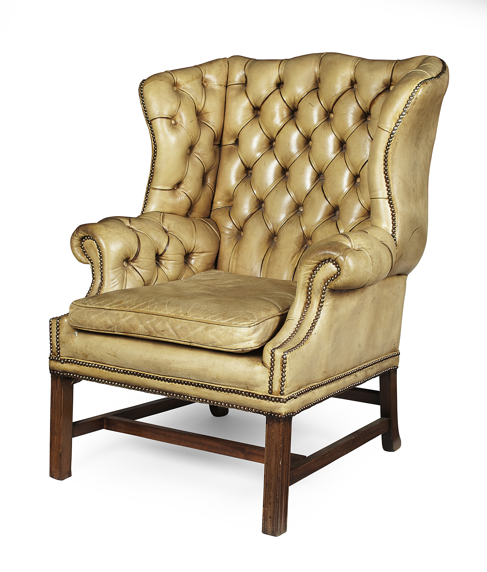 GEORGE II STYLE BUTTON TUFTED LEATHER WING ARMCHAIR